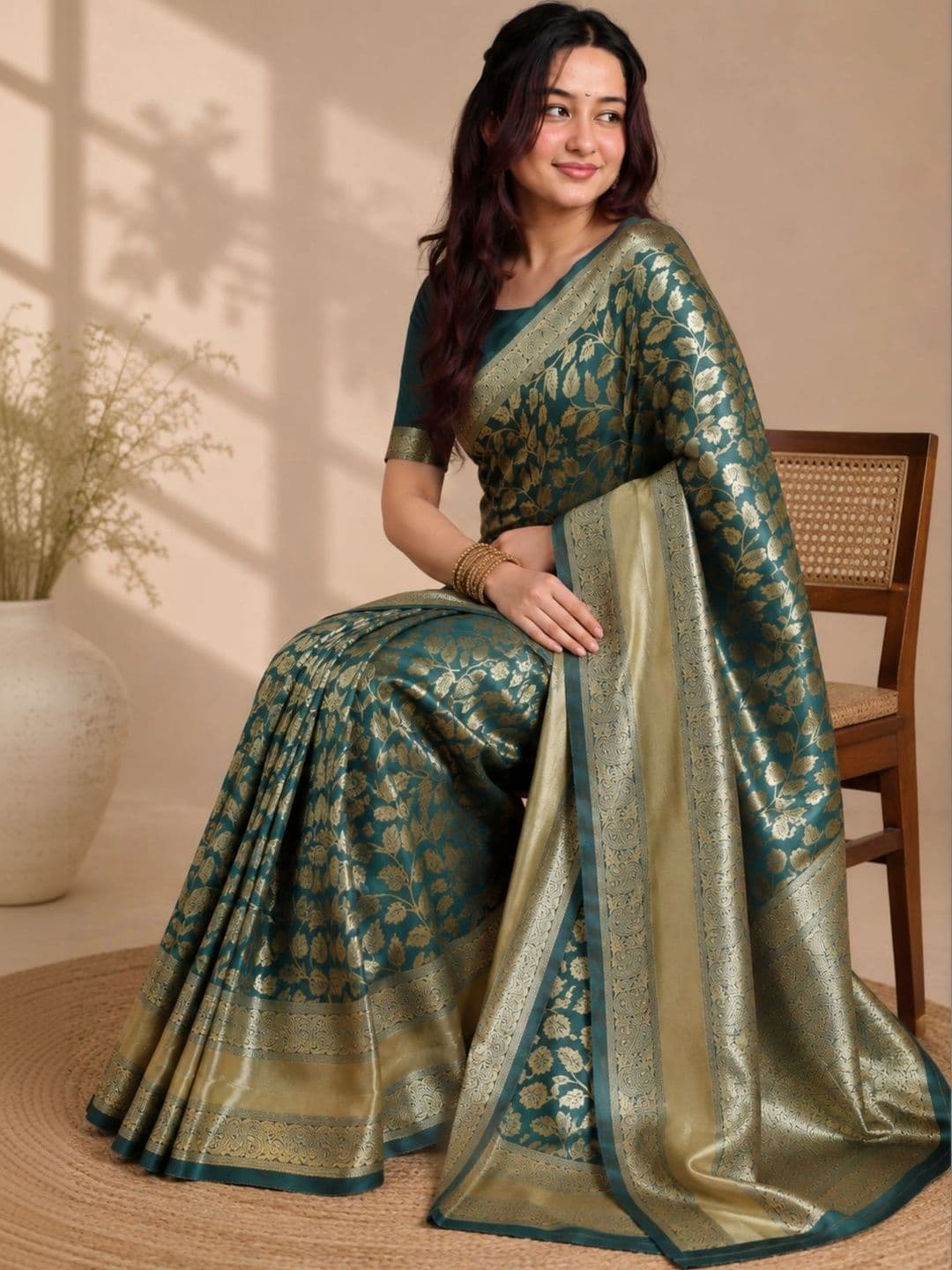 all about you Floral Zari Satin Banarasi Saree thumbnail 2