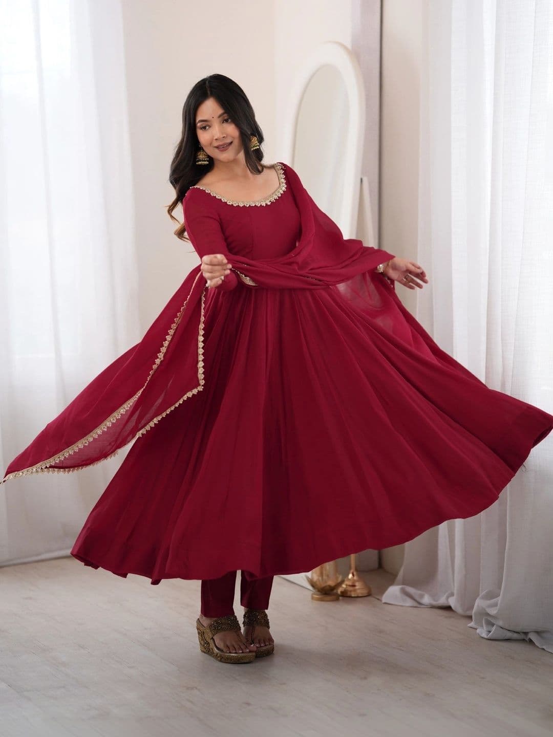 Sangria Women Empire Gotta Patti Chanderi Cotton Kurta with Trousers & With Dupatta thumbnail 3