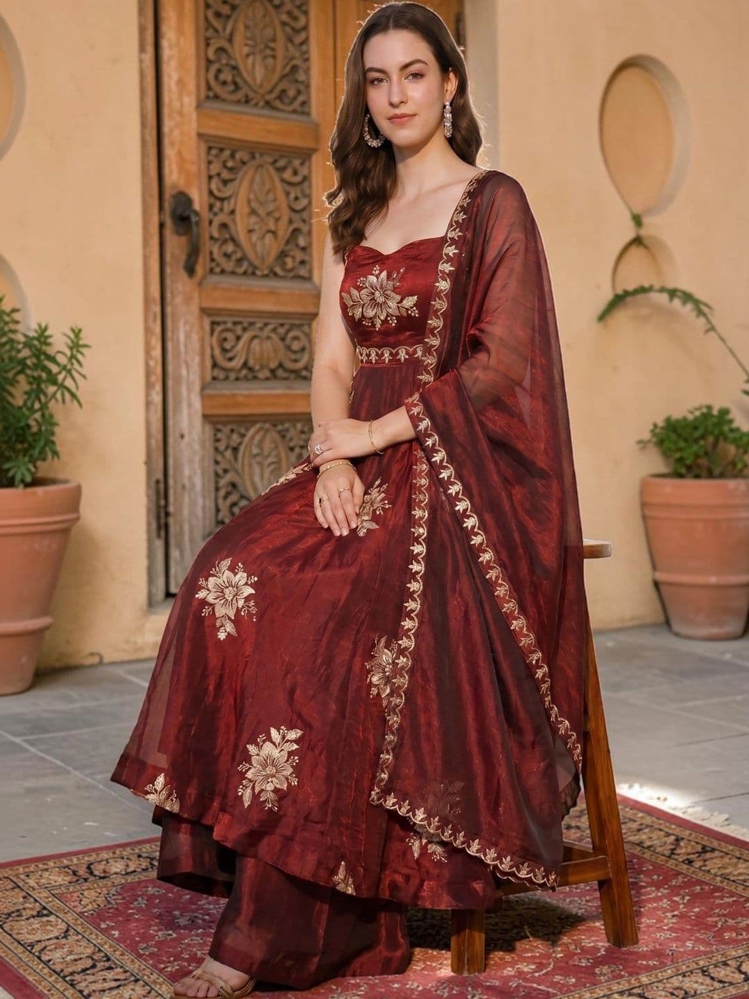 KALINI Women Floral Embroidered Empire Thread Work Kurta with Palazzos & With Dupatta thumbnail 5