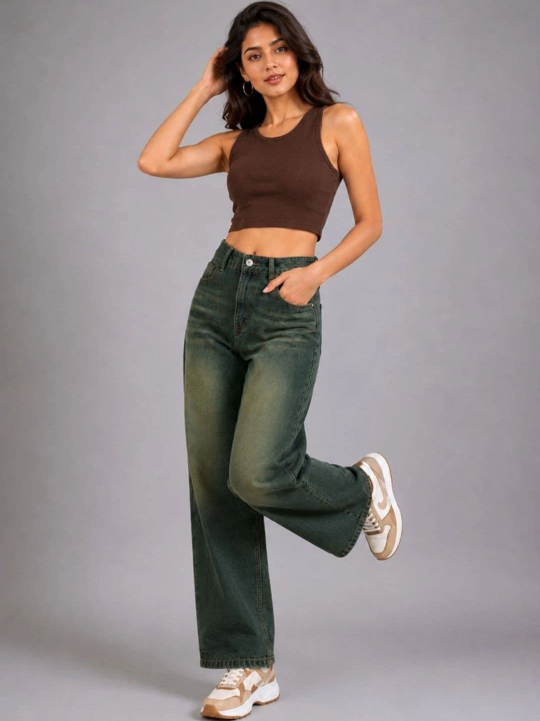 Moda Rapido Women Classic Wide Leg High-Rise Low Distress Jeans thumbnail 2