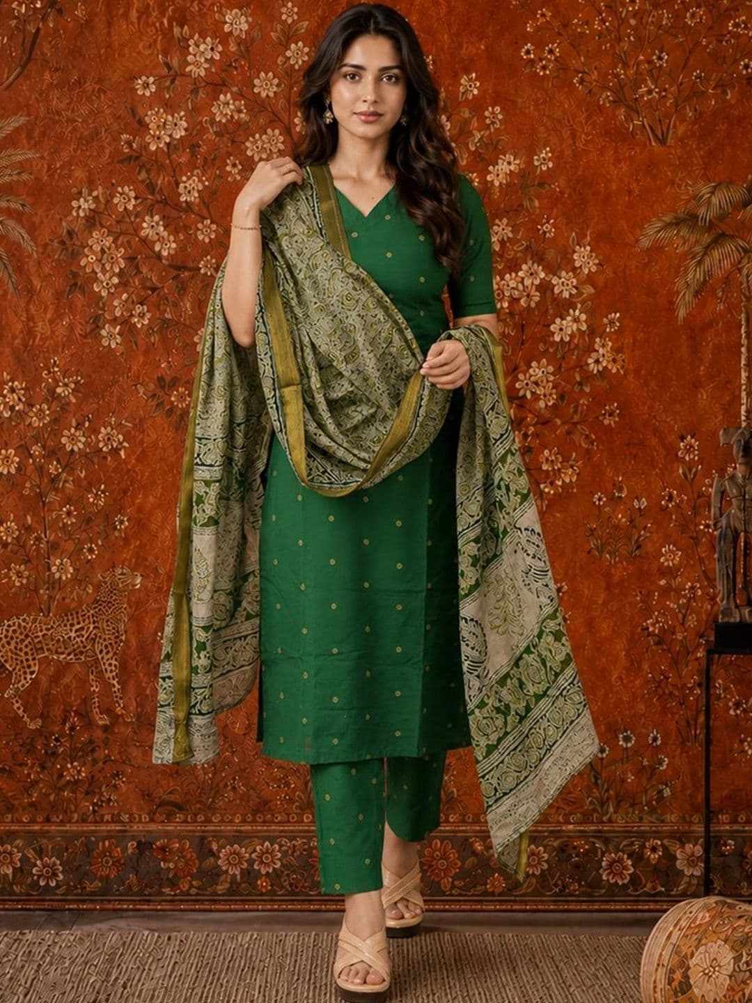 Sangria Women Ethnic Motifs Printed Regular Kurta with Trousers & With Dupatta thumbnail 3