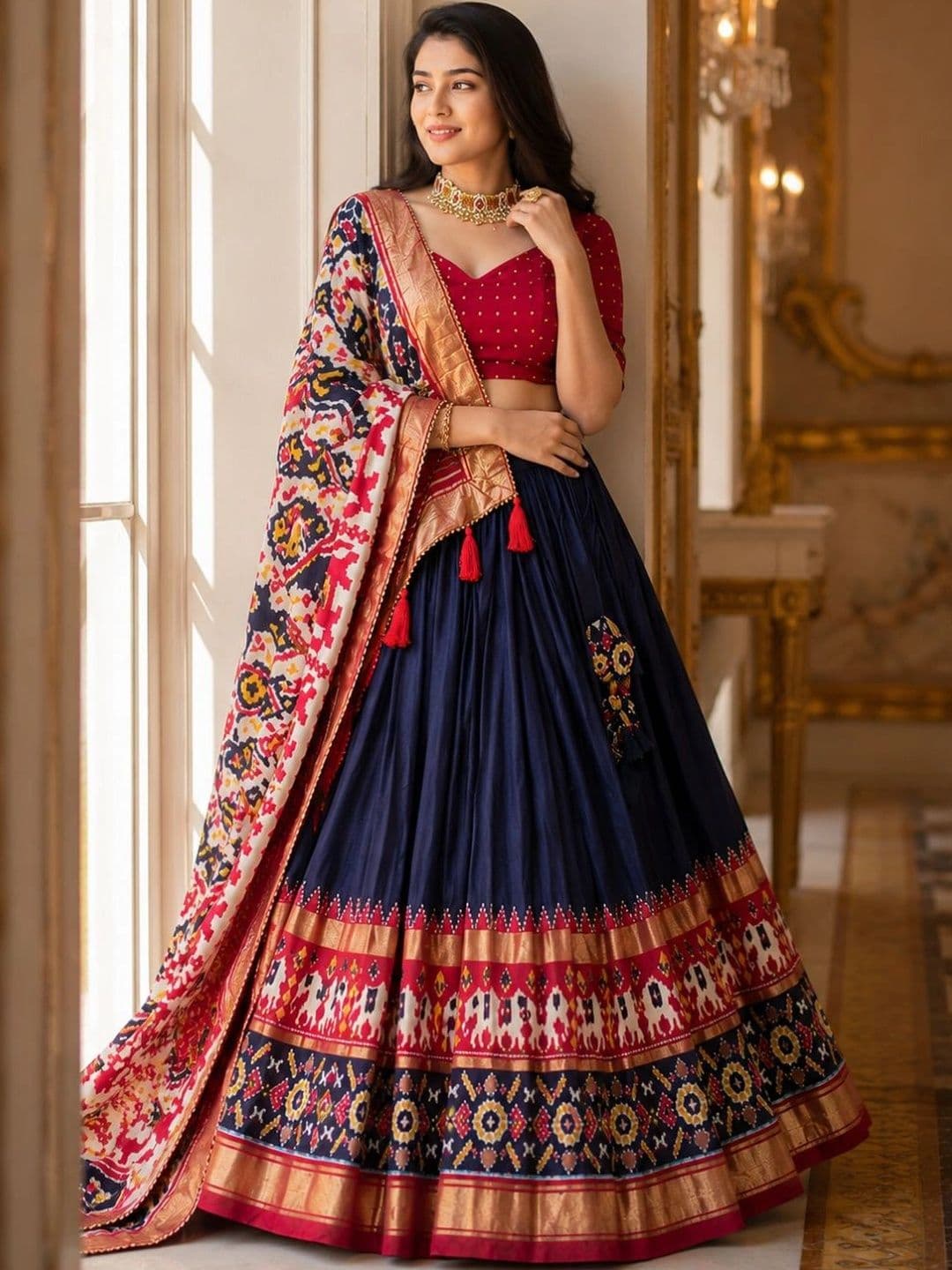 House of Pataudi Embellished Ikat Semi-Stitched Lehenga & Unstitched Blouse With Dupatta thumbnail 4