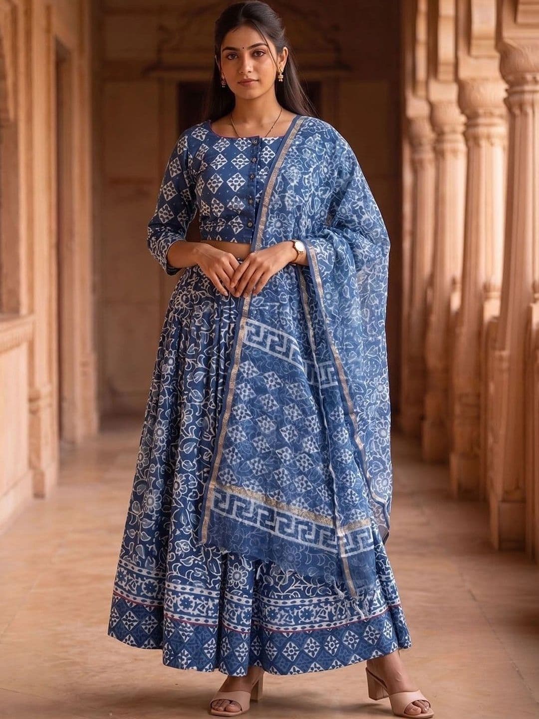 Avishya Printed Block Print Ready to Wear Lehenga & Blouse With Dupatta - view 1