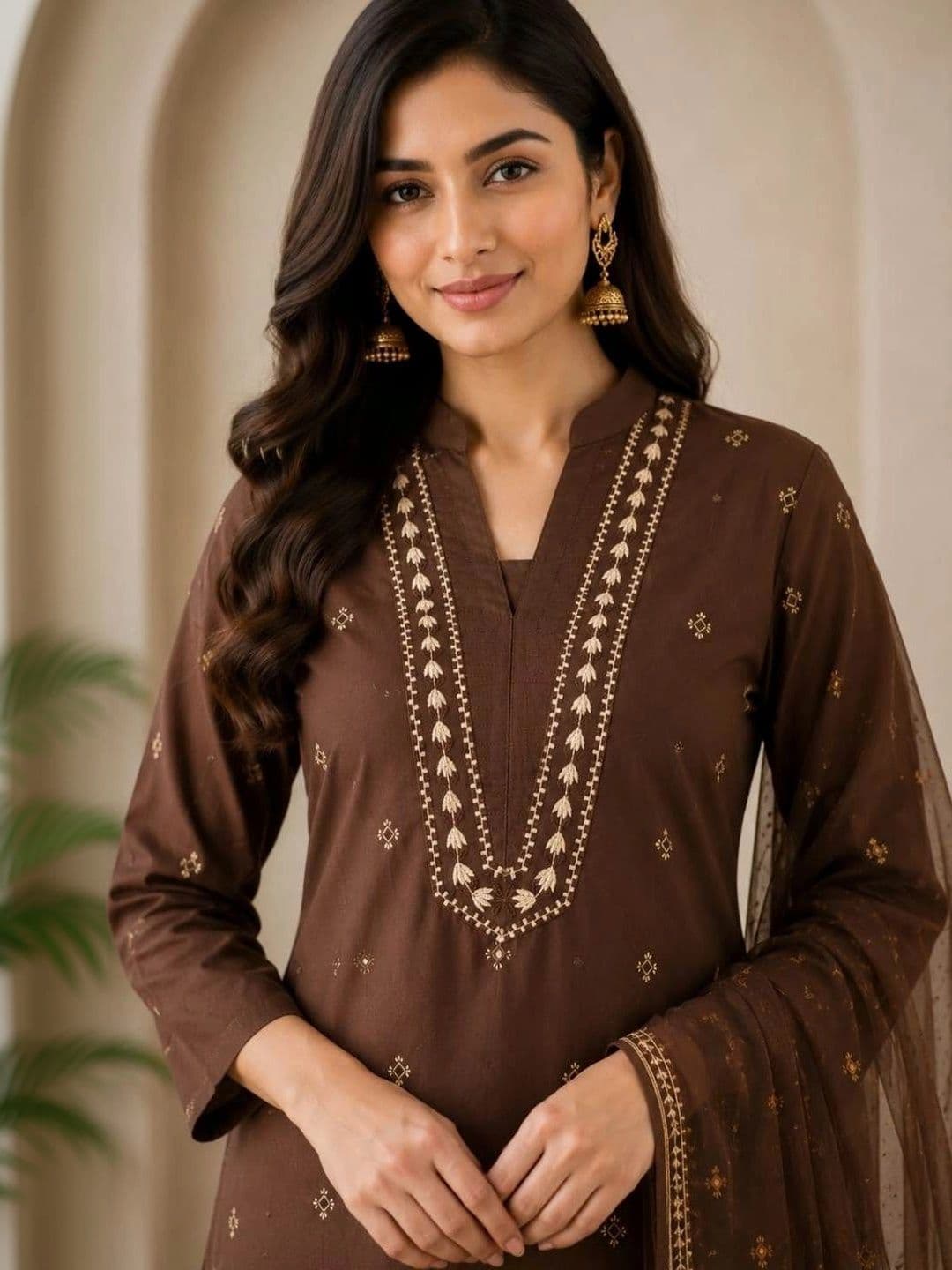 UNISETS Women Ethnic Motifs Embroidered Regular Thread Work Pure Cotton Kurta with Trousers & With Dupatta thumbnail 4