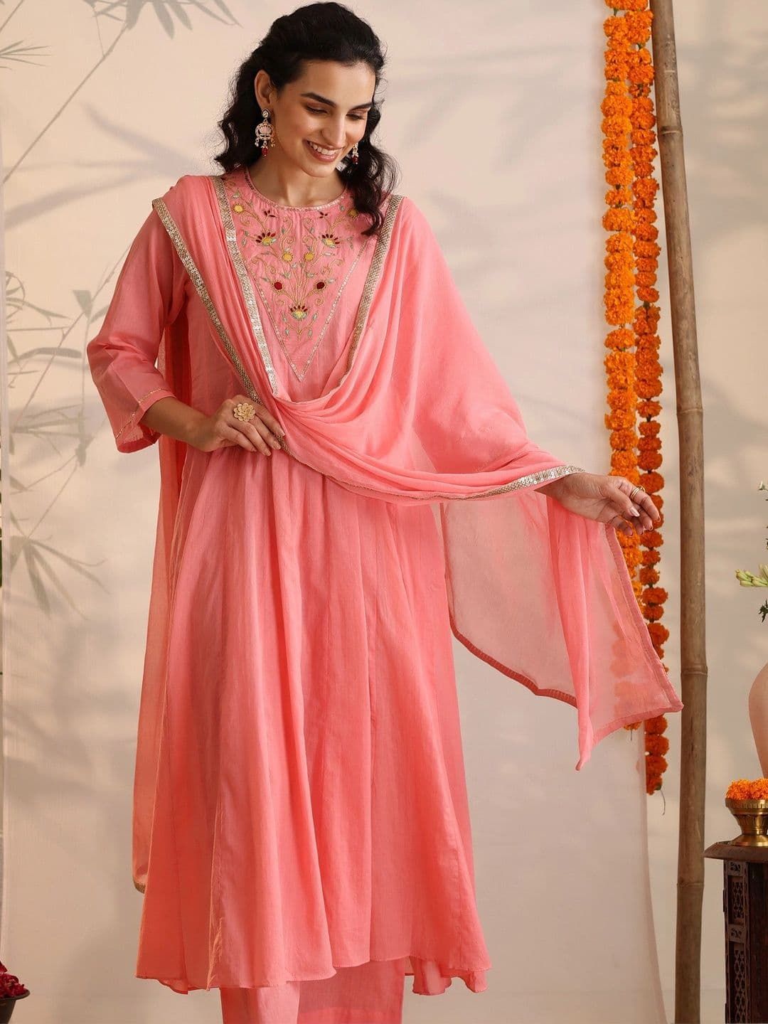 Khushal K Women Floral Embroidered Empire Thread Work Pure Cotton Kurta with Palazzos & With Dupatta thumbnail 6