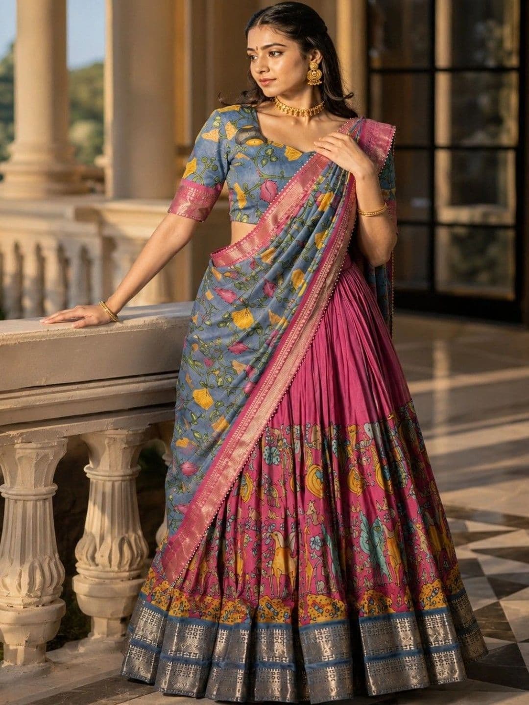 House of Pataudi Printed Kalamkari Semi-Stitched Lehenga & Unstitched Blouse With Dupatta - view 1