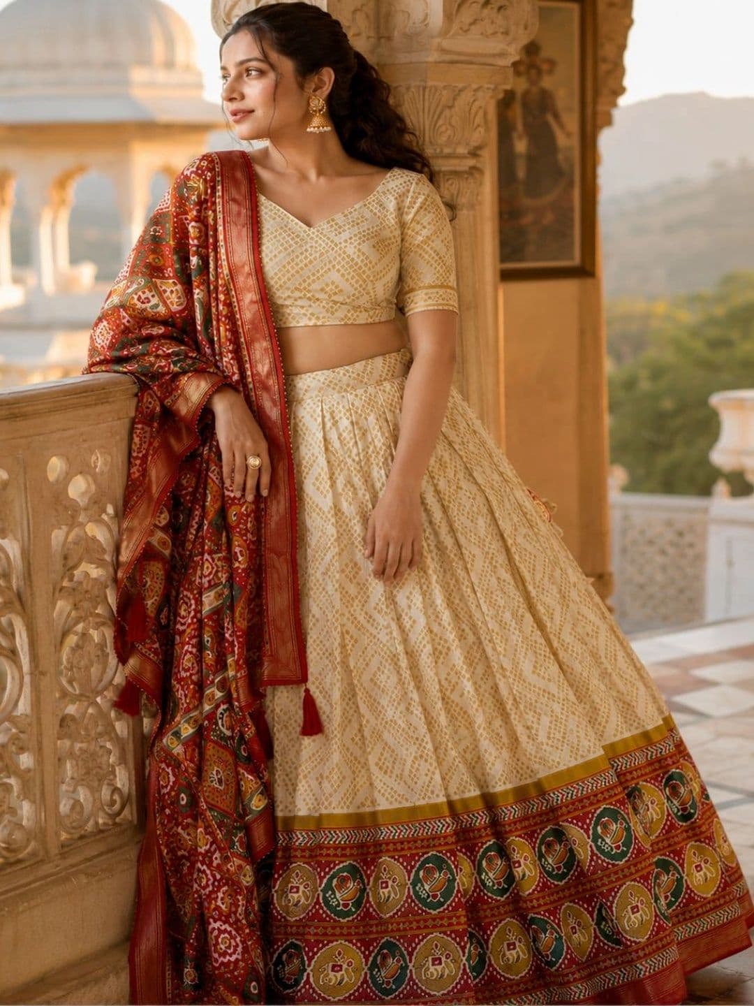 House of Pataudi Printed Ikat Semi-Stitched Lehenga & Unstitched Blouse With Dupatta thumbnail 4