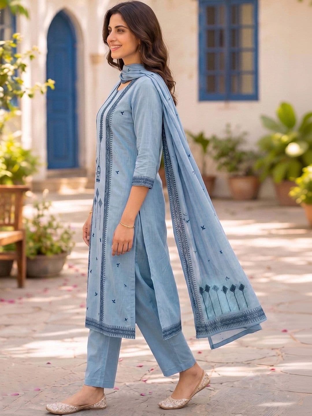 SKYLEE Women Ethnic Motifs Printed Regular Pure Cotton Kurta with Trousers & With Dupatta thumbnail 7