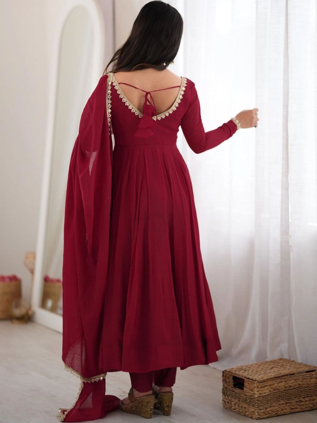 Sangria Women Empire Gotta Patti Chanderi Cotton Kurta with Trousers & With Dupatta thumbnail 5