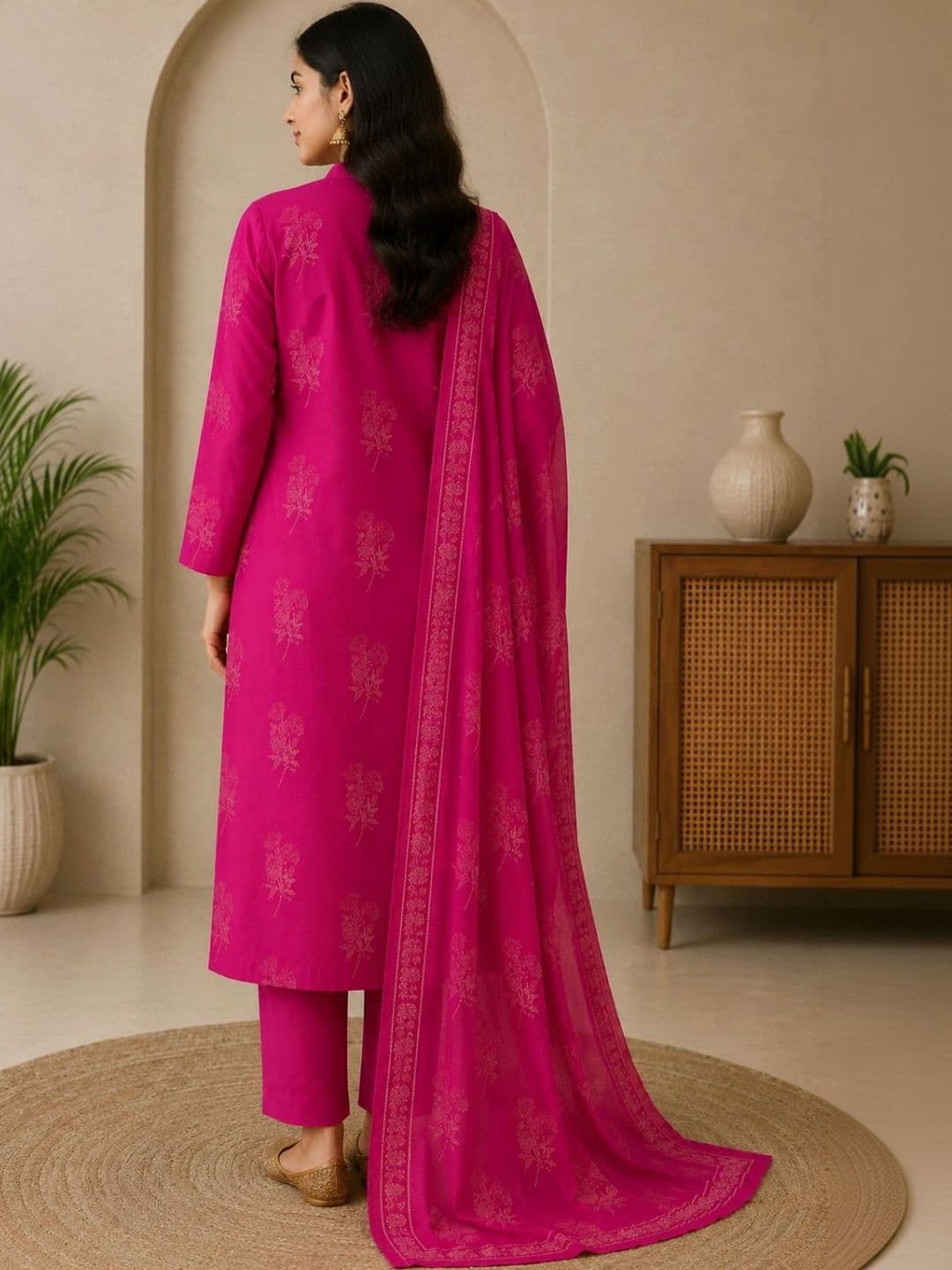 UNISETS Women Floral Printed Regular Thread Work Pure Cotton Kurta with Trousers & With Dupatta thumbnail 3