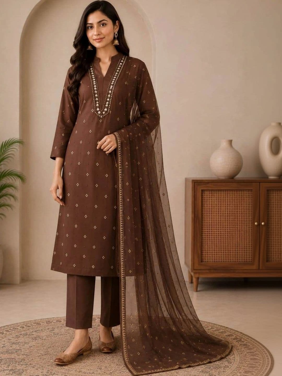 UNISETS Women Ethnic Motifs Embroidered Regular Thread Work Pure Cotton Kurta with Trousers & With Dupatta - view 1