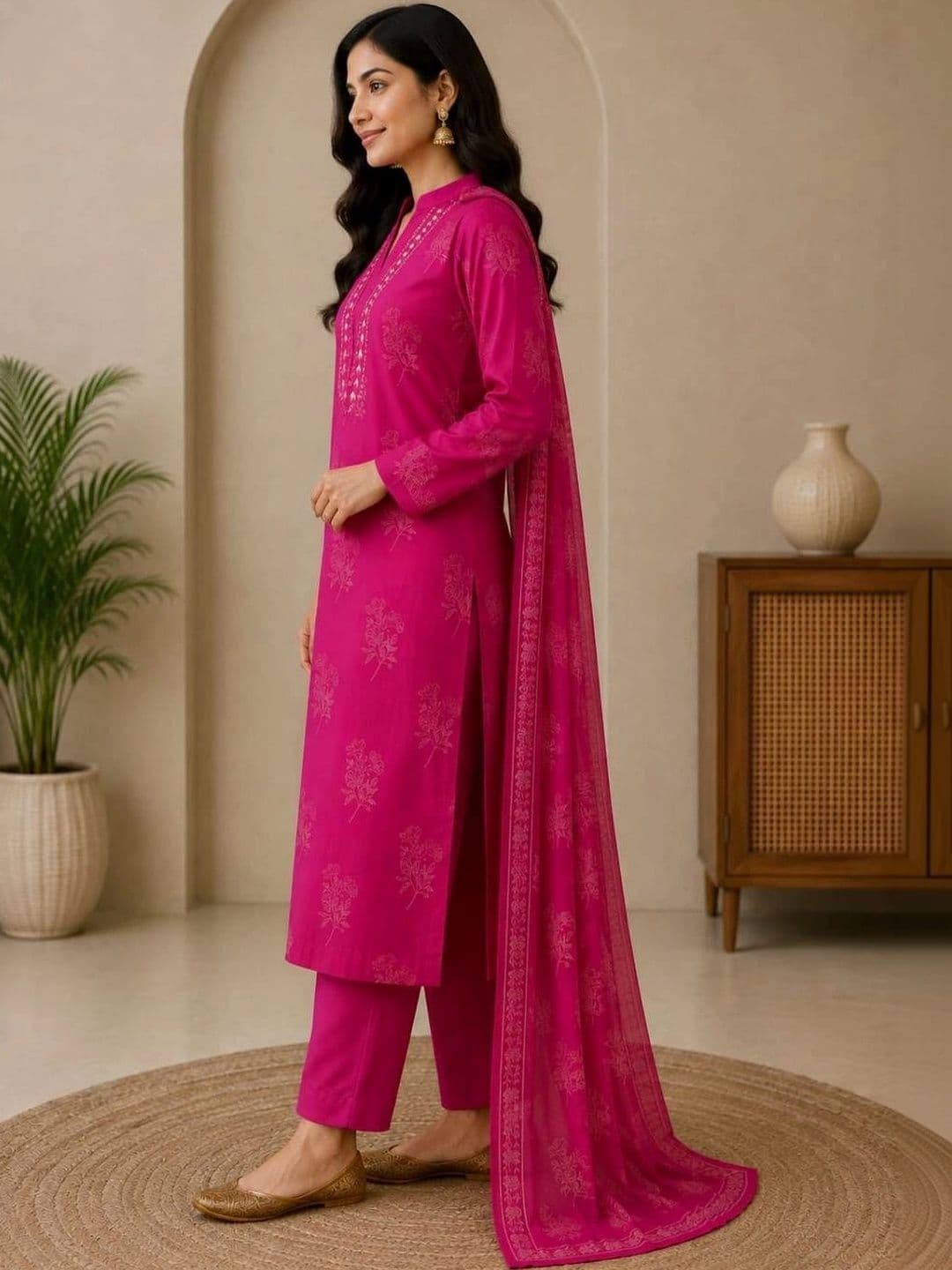 UNISETS Women Floral Printed Regular Thread Work Pure Cotton Kurta with Trousers & With Dupatta thumbnail 2