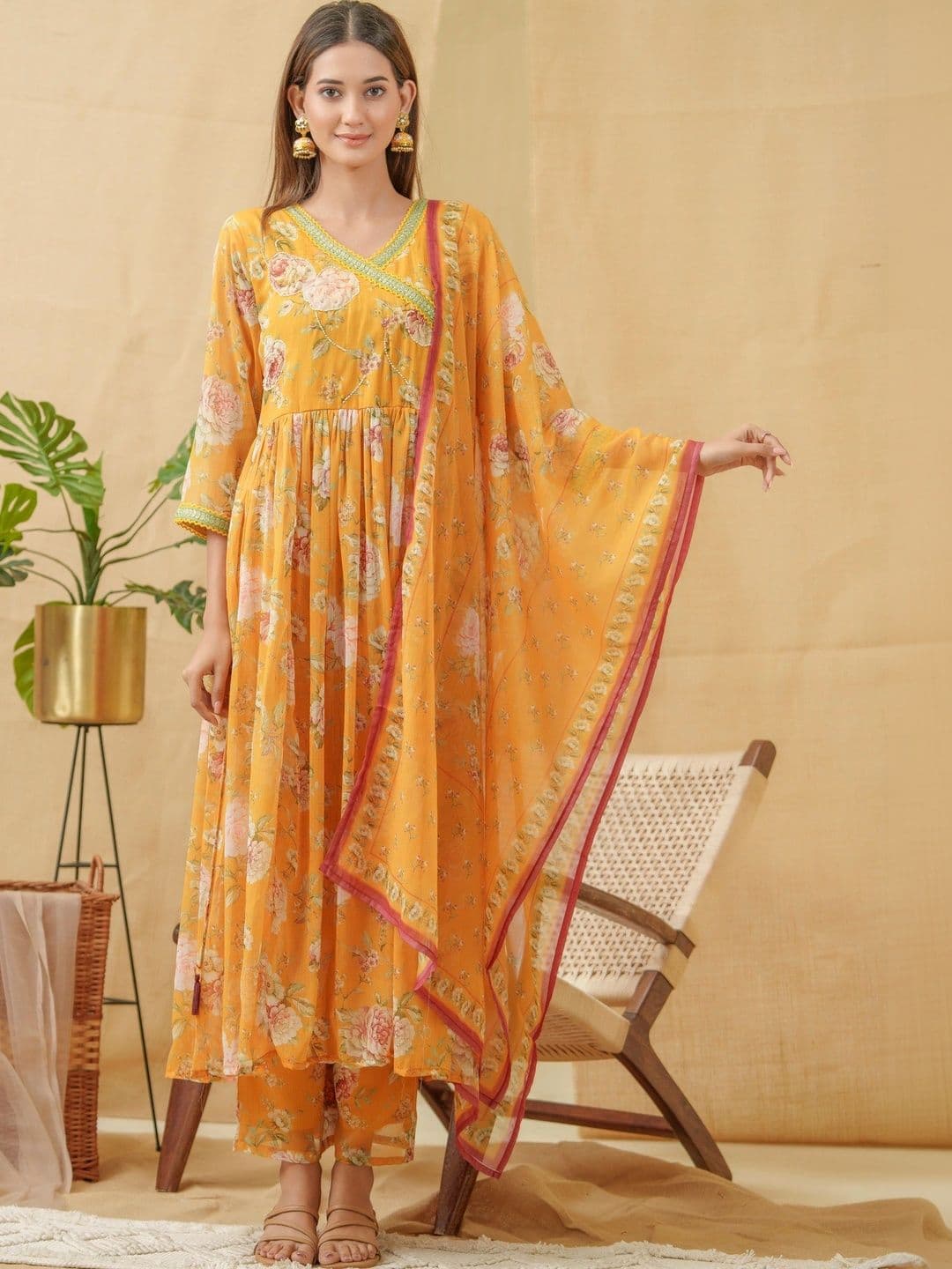 Sangria Women Floral Printed Empire Kurta with Palazzos & With Dupatta - view 1