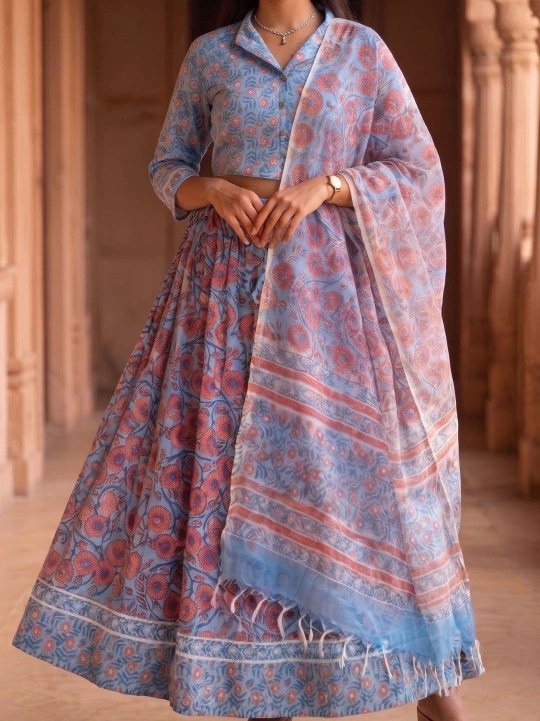 Avishya Printed Block Print Ready to Wear Lehenga & Blouse With Dupatta thumbnail 2