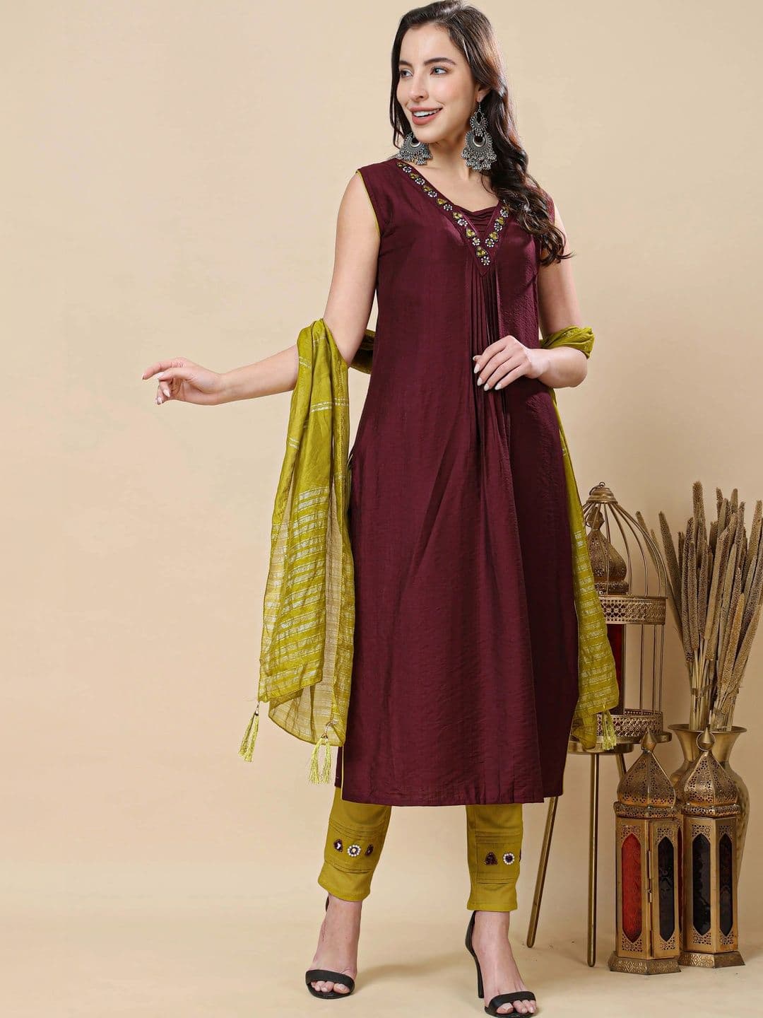 RABRIC Women Ethnic Motifs Embroidered Pleated Thread Work Kurta with Trousers & With Dupatta thumbnail 6