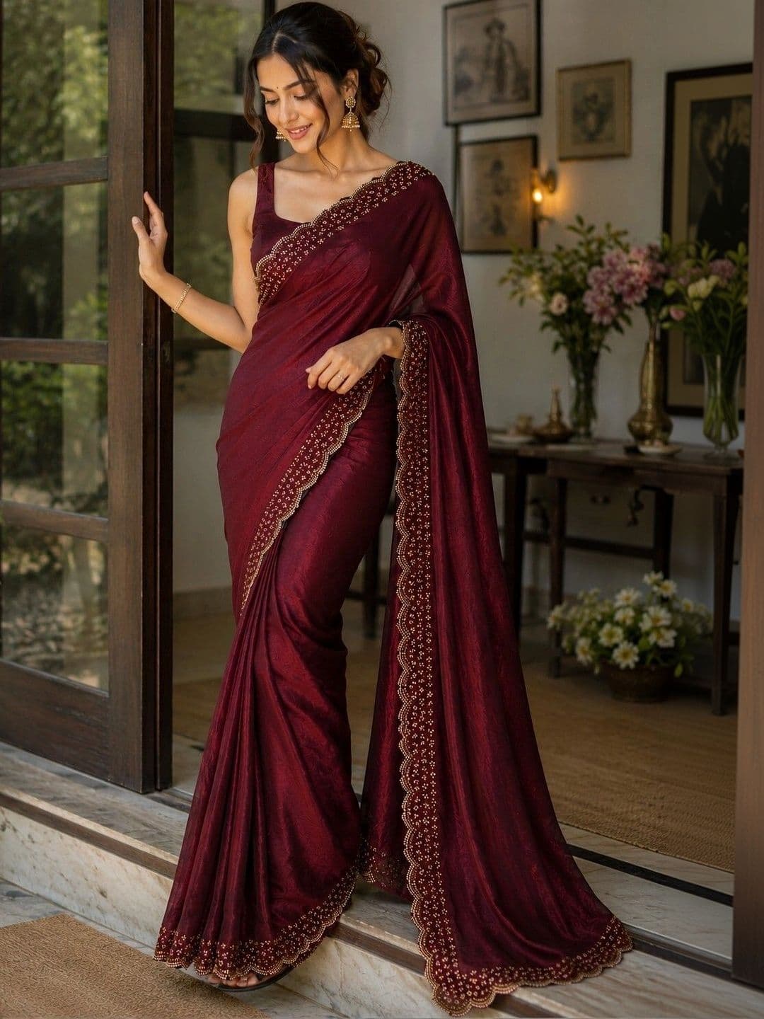 shreevali creation Embellished Embroidered Satin Saree - view 1