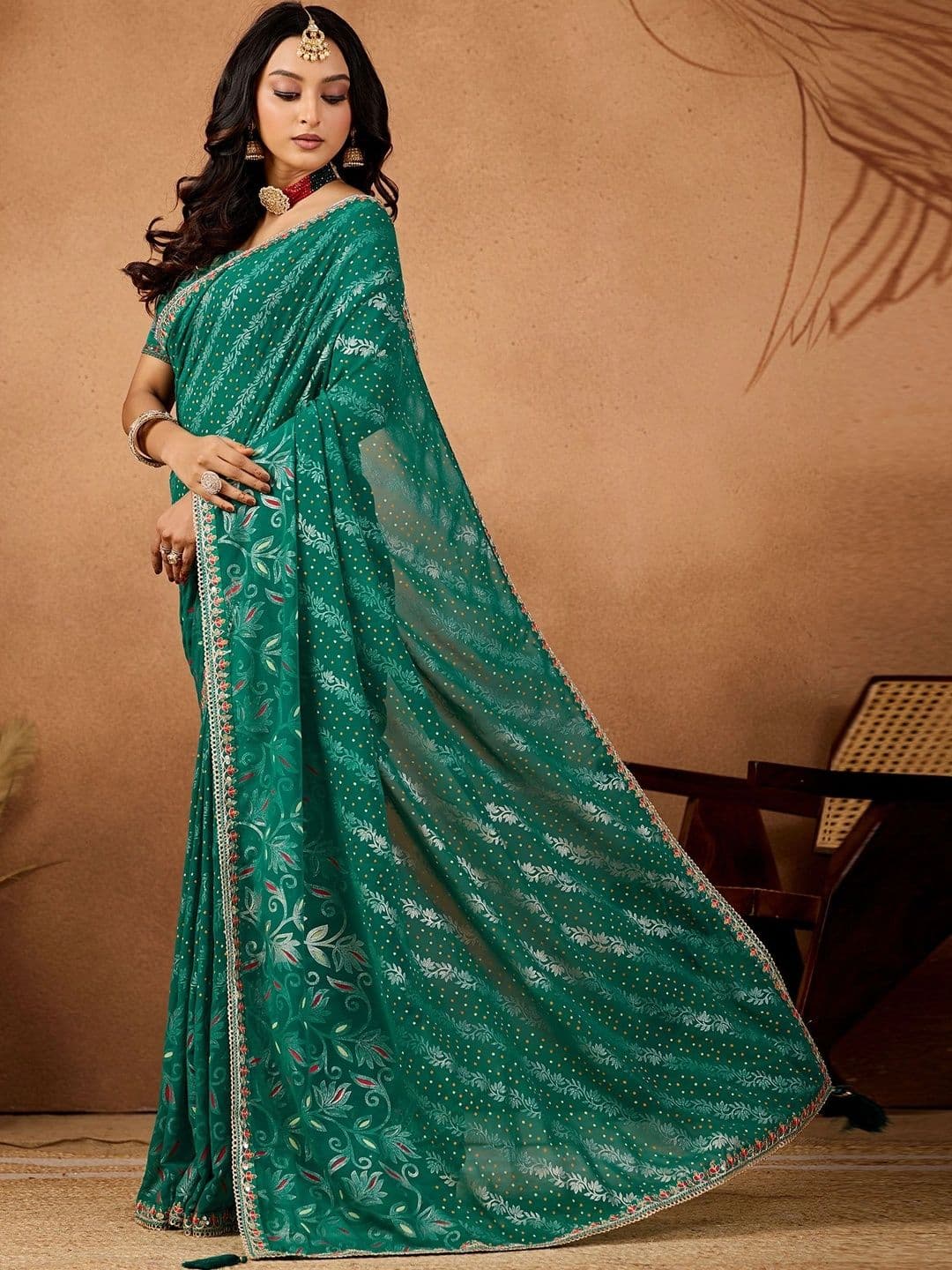 Nayanthara Trends Woven Design Zari Poly Georgette Designer Bandhani Saree thumbnail 5