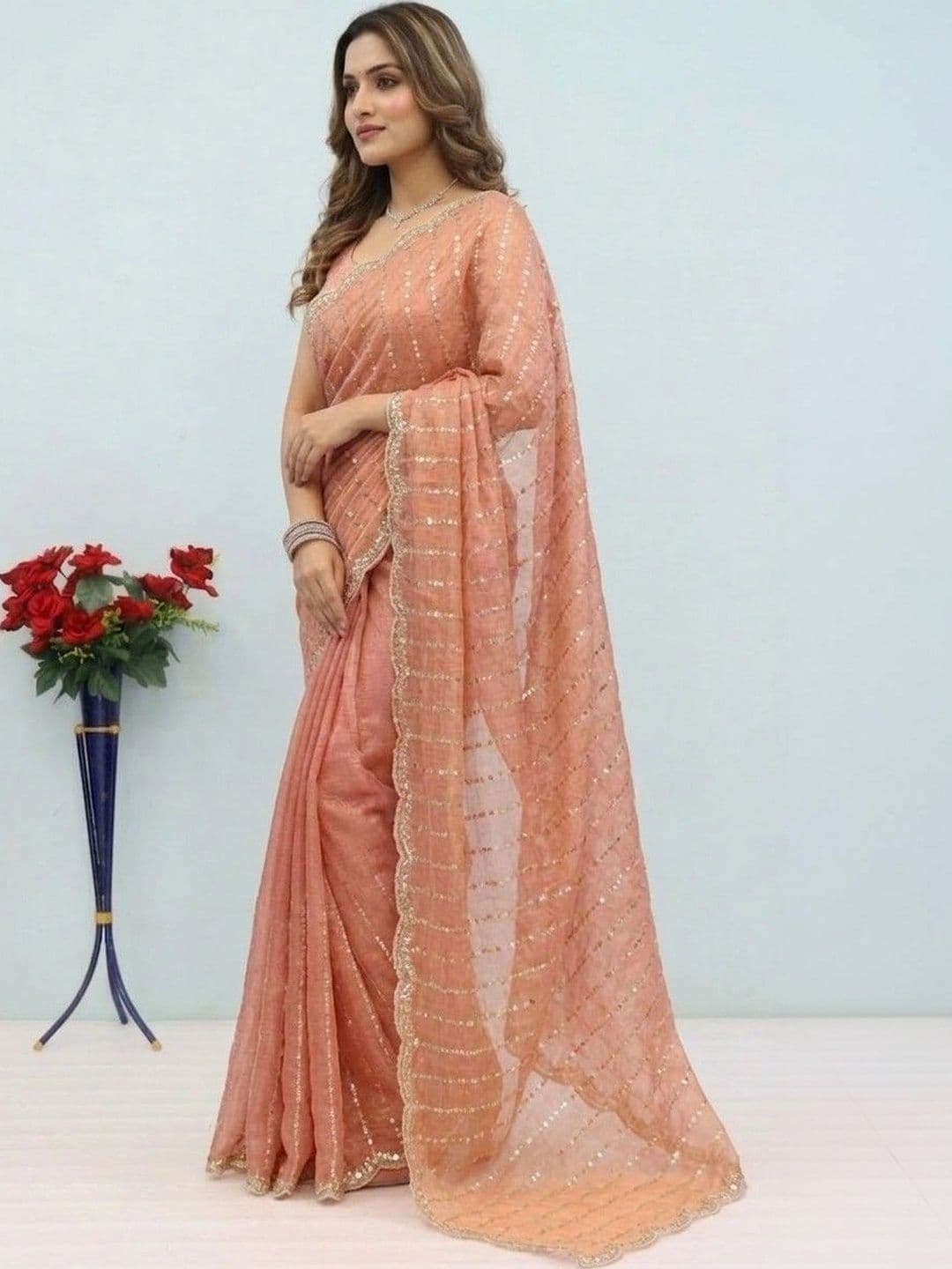 SmileyFashion Embellished Sequinned Poly Chiffon Designer Saree thumbnail 2