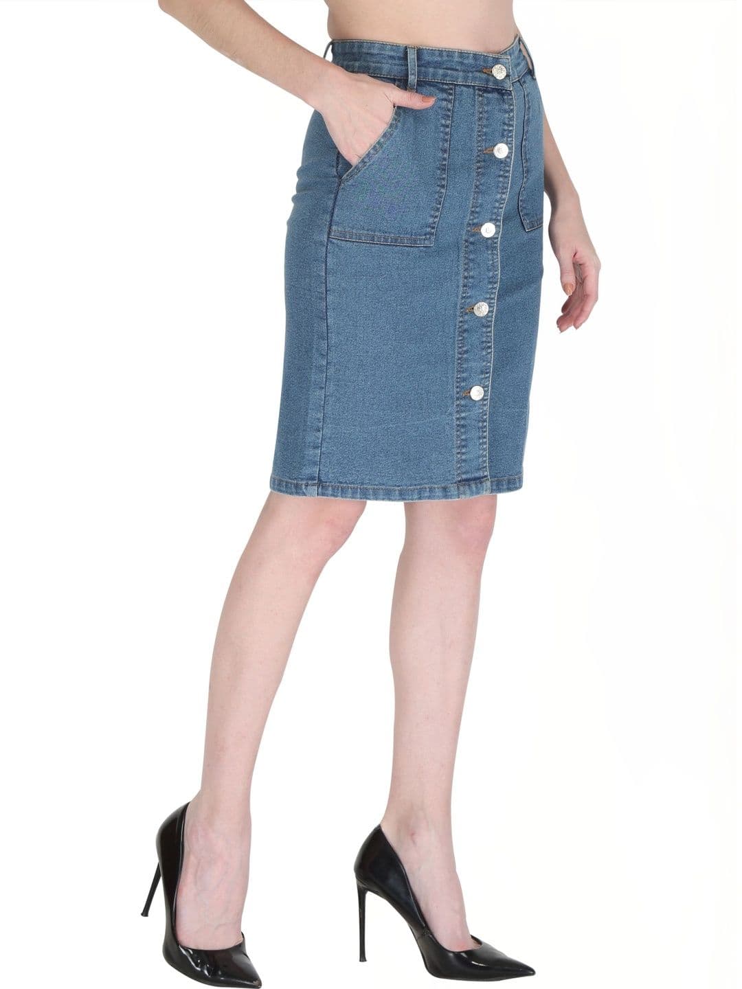 Peptrends Women Denim Knee Length A-Line Skirt thumbnail 3