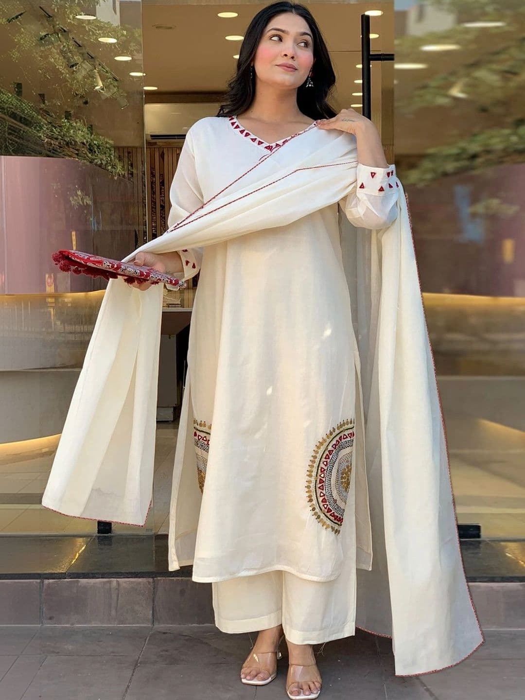GoSriKi Women Ethnic Motifs Embroidered Regular Thread Work Kurta with Palazzos & With Dupatta - view 1