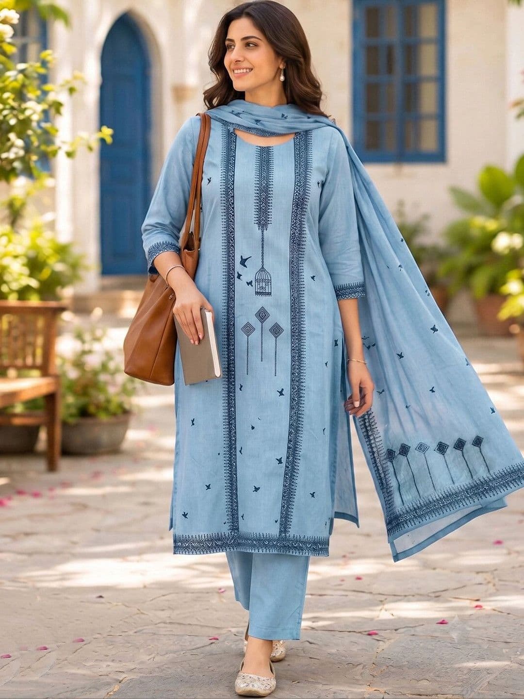 SKYLEE Women Ethnic Motifs Printed Regular Pure Cotton Kurta with Trousers & With Dupatta thumbnail 3