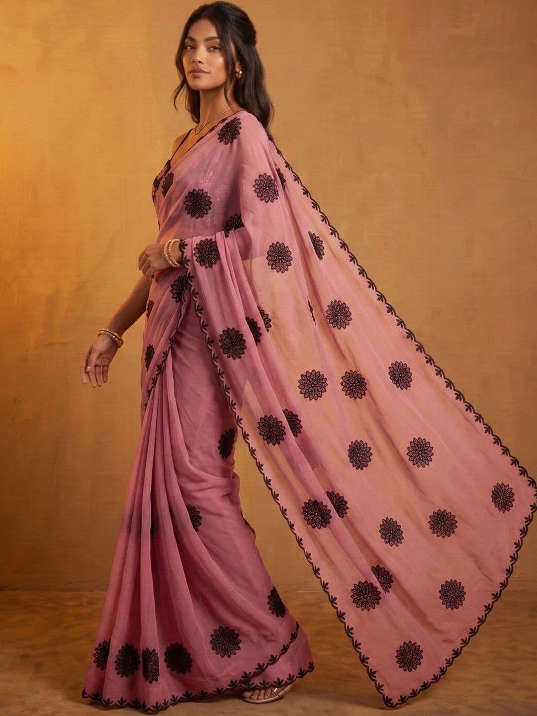 KINDA DESI Ethnic Motifs Embroidered Poly Georgette Fusion Saree thumbnail 4