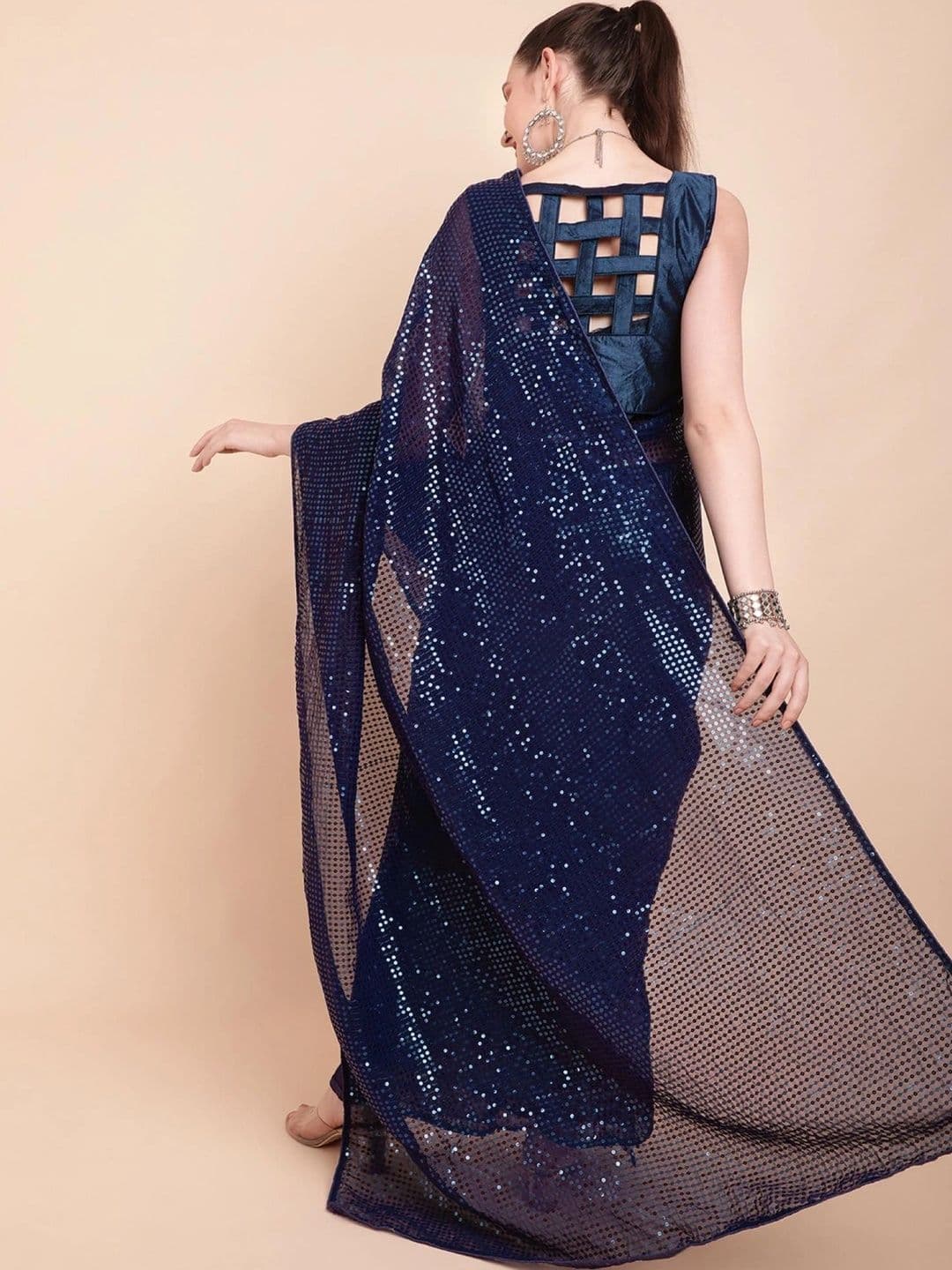 SZN Embellished Sequinned Pure Georgette Designer Saree thumbnail 6