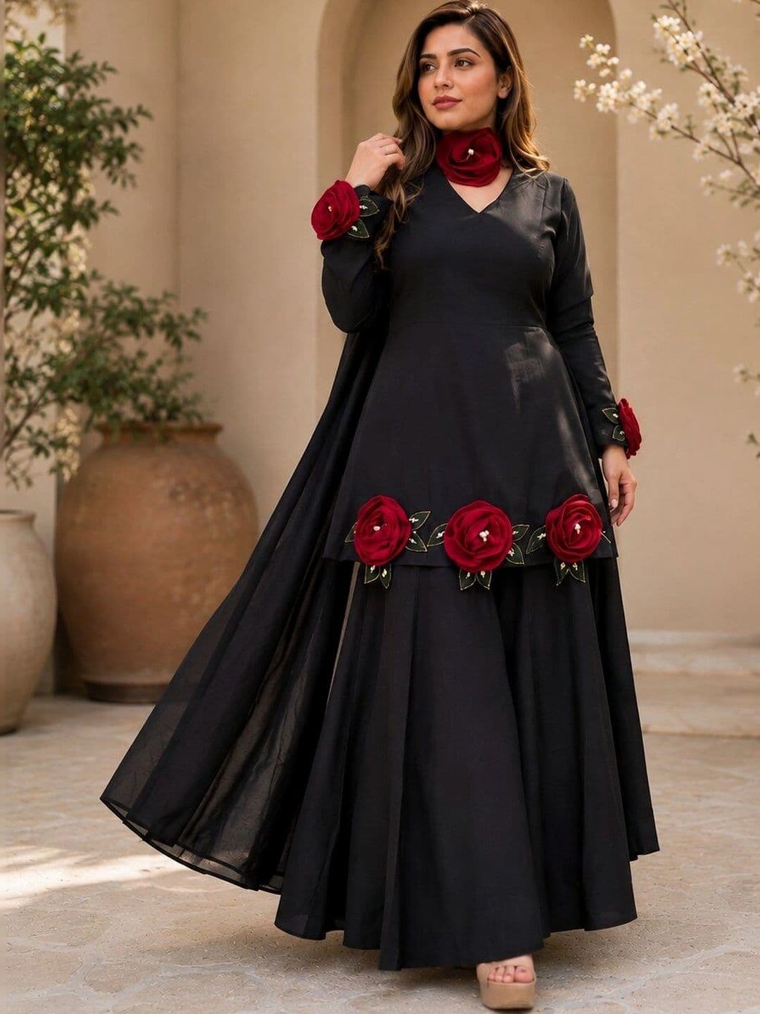 KALINI Women Floral Embroidered Empire Thread Work Silk Crepe Kurta with Palazzos thumbnail 4