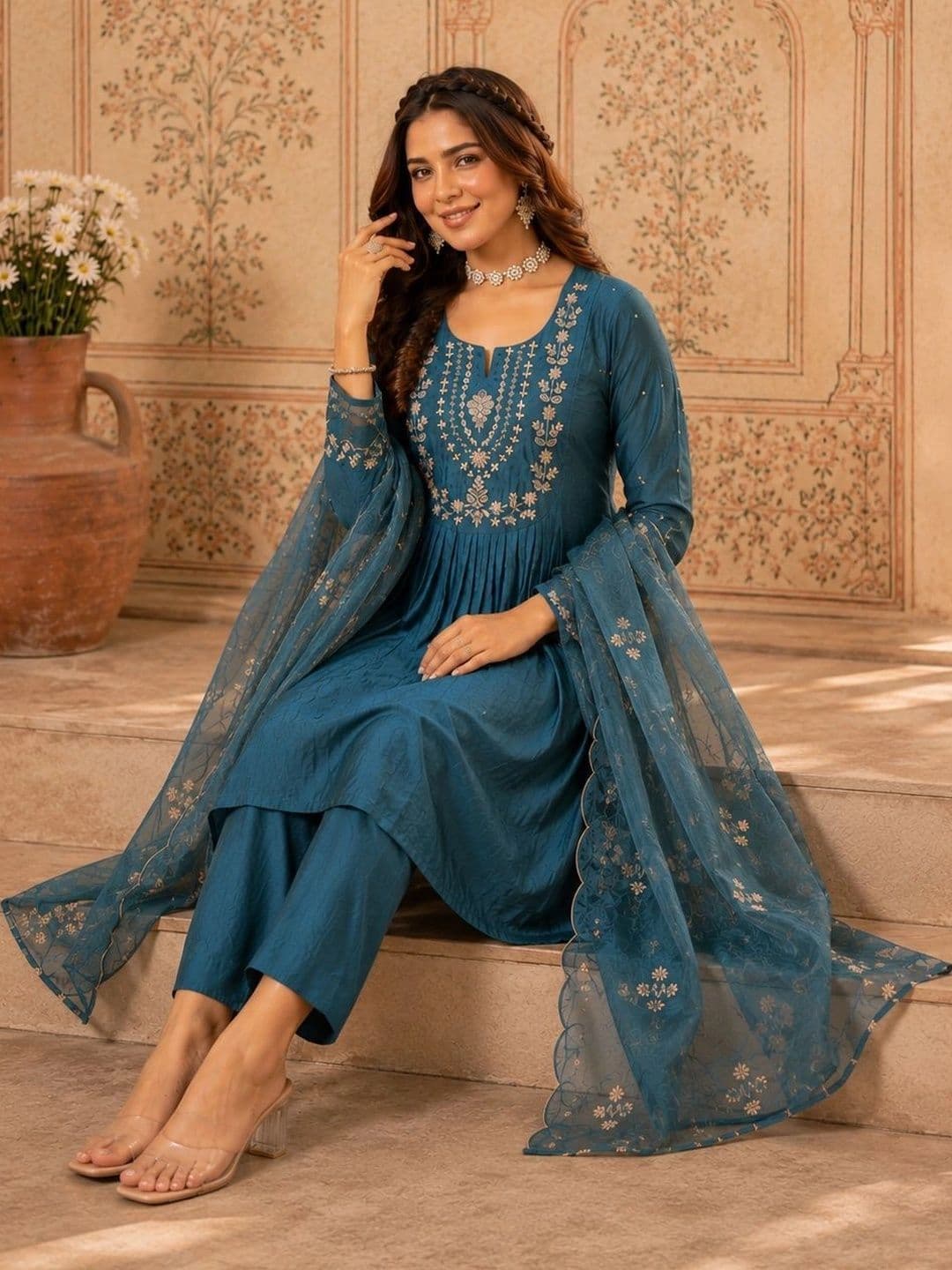 Sangria Women Ethnic Motifs Embroidered Empire Thread Work Chanderi Silk Kurta with Trousers & With Dupatta thumbnail 5