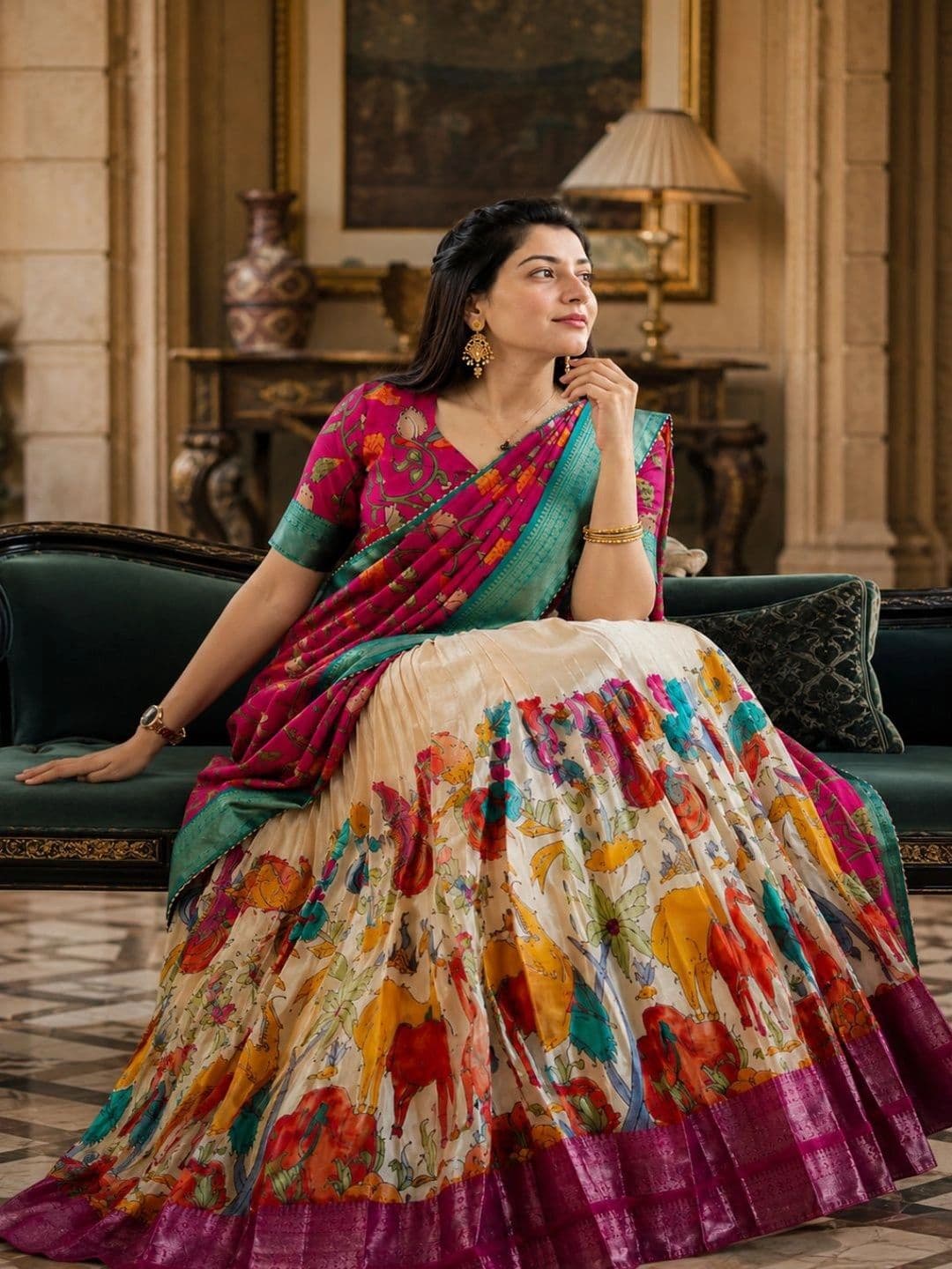House of Pataudi Printed Semi-Stitched Lehenga & Unstitched Blouse With Dupatta thumbnail 4