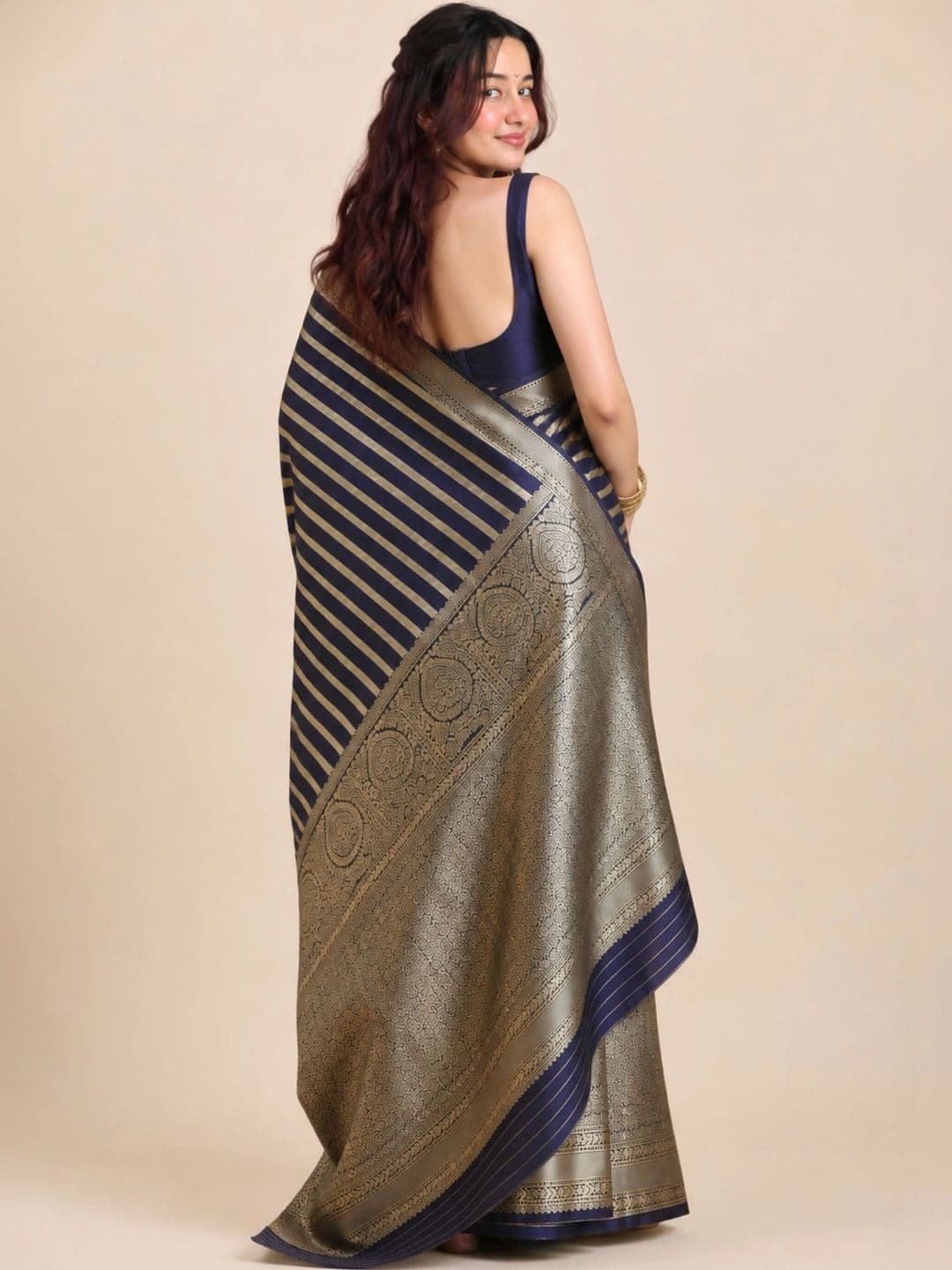 all about you Striped Zari Satin Banarasi Saree thumbnail 4
