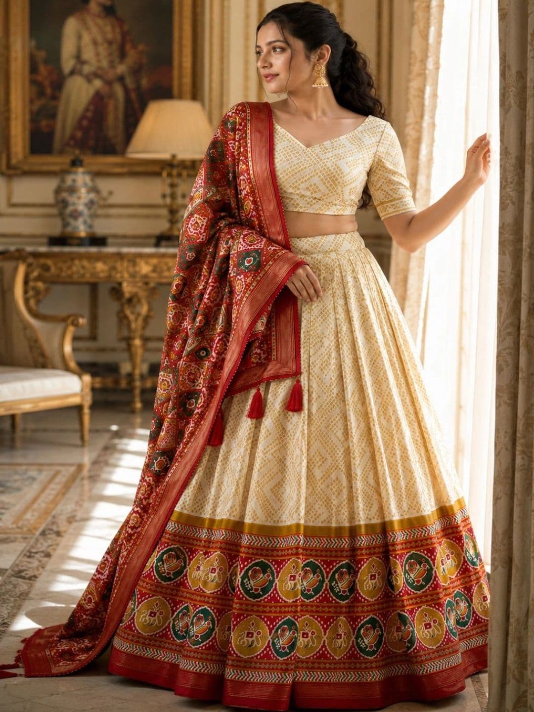 House of Pataudi Printed Ikat Semi-Stitched Lehenga & Unstitched Blouse With Dupatta thumbnail 5