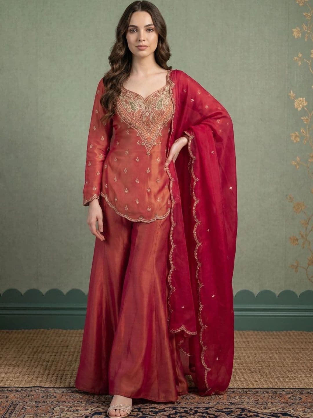 Sangria Women Ethnic Motifs Embroidered Regular Thread Work Kurta with Sharara & With Dupatta - view 1