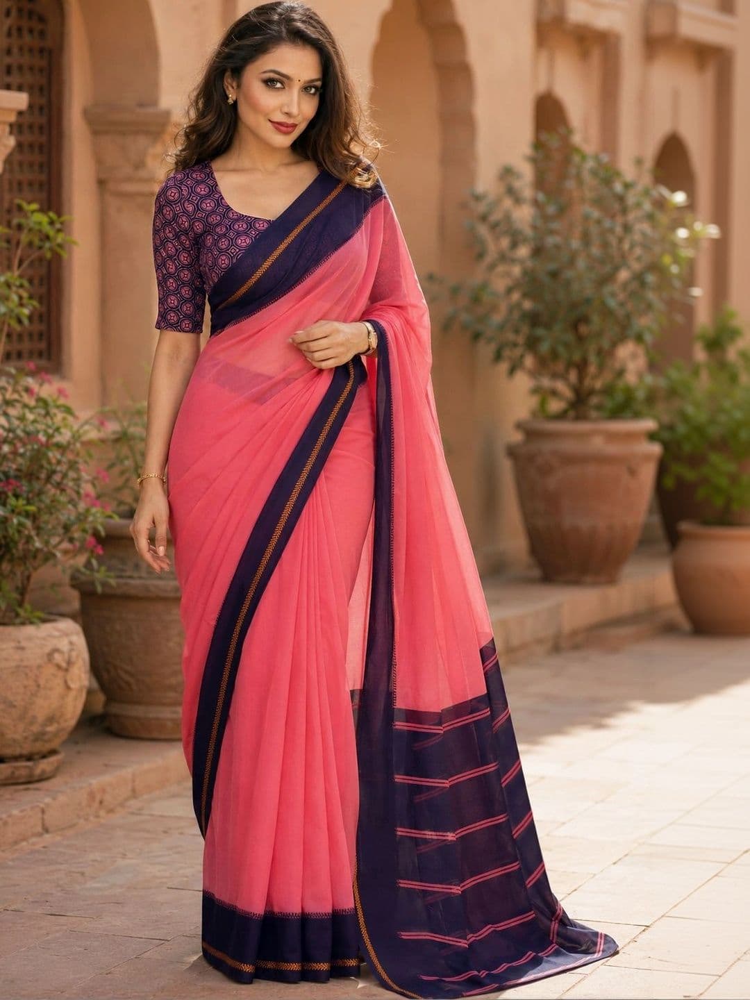 KALINI Striped Poly Georgette Saree - view 1