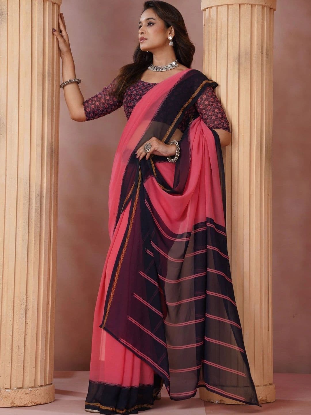 KALINI Striped Poly Georgette Saree thumbnail 6