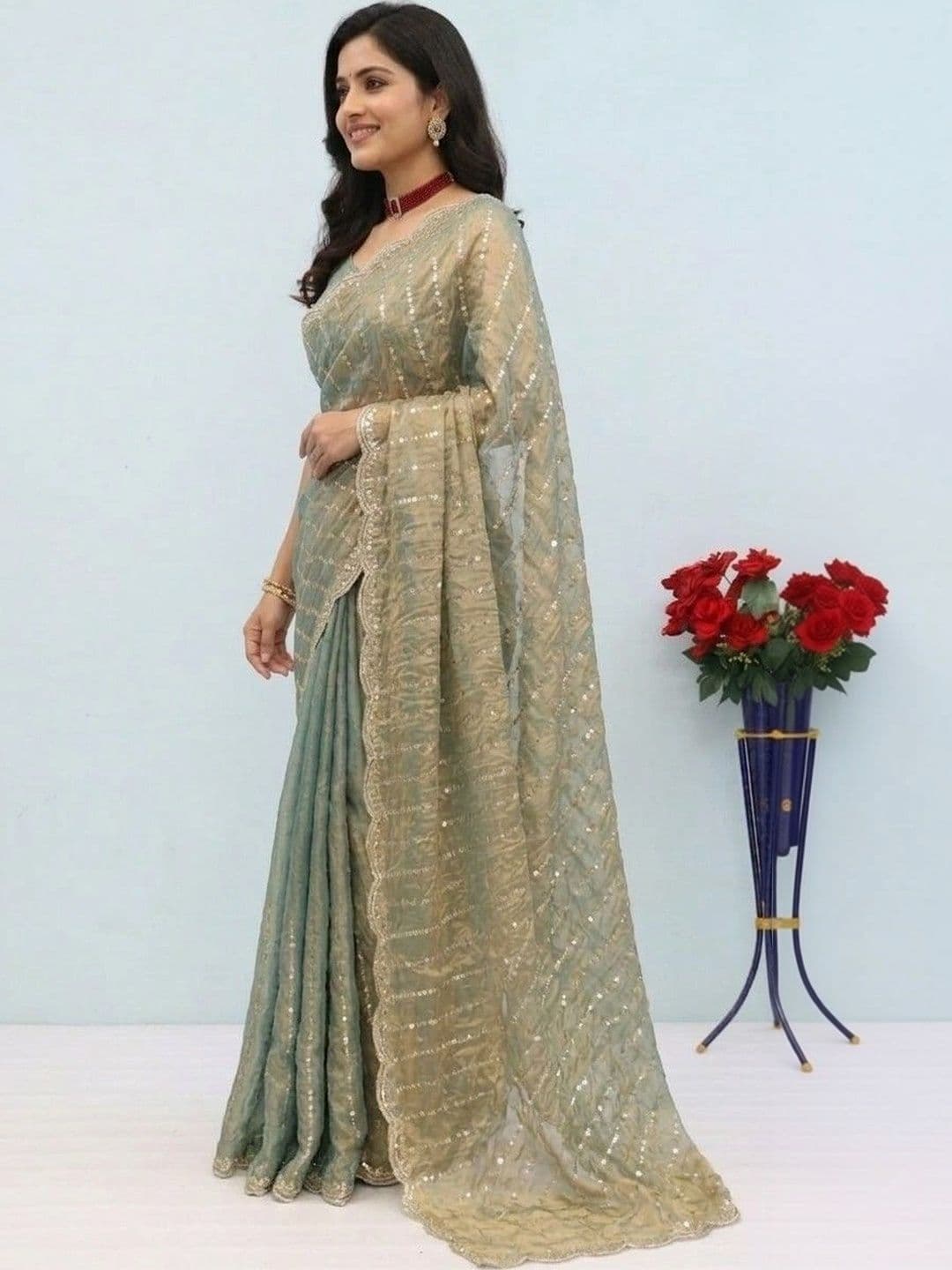 SmileyFashion Striped Sequinned Poly Chiffon Designer Saree thumbnail 2
