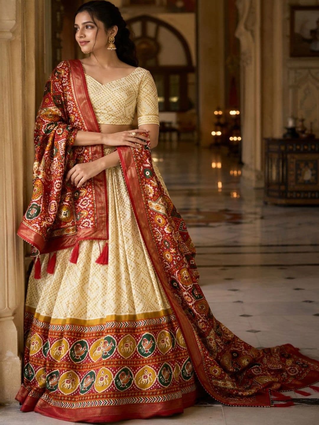 House of Pataudi Printed Ikat Semi-Stitched Lehenga & Unstitched Blouse With Dupatta - view 1