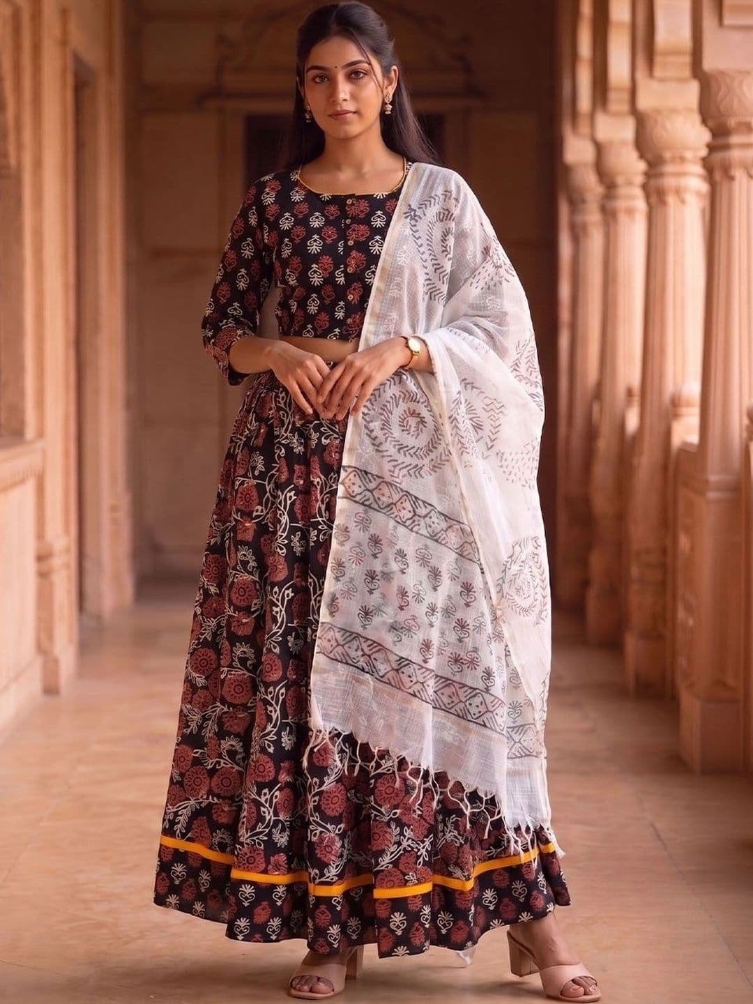 Avishya Printed Block Print Ready to Wear Lehenga & Blouse With Dupatta - view 1