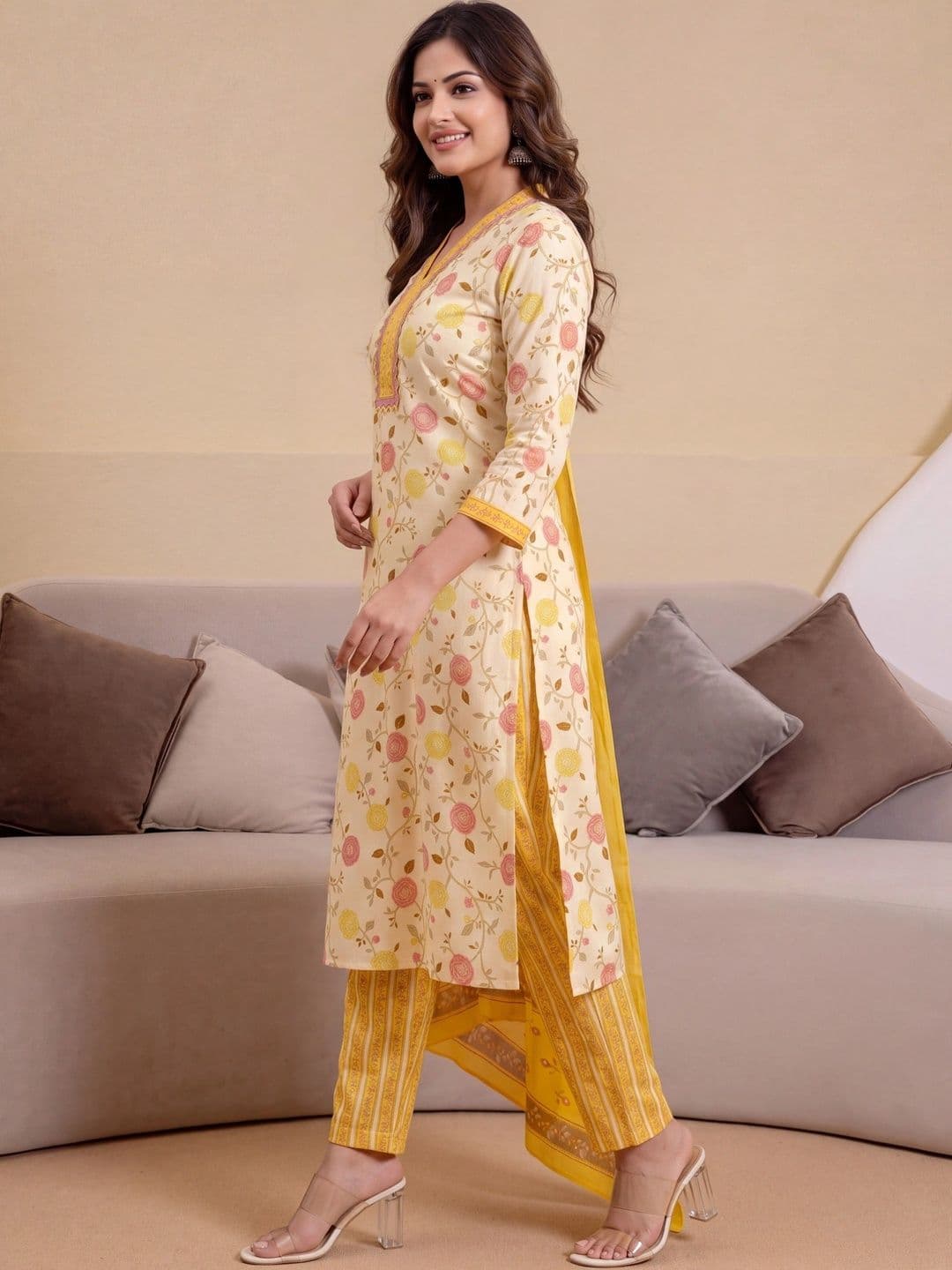 Shree Ramkrishna Fab Women Floral Printed Regular Thread Work Pure Cotton Kurta with Trousers & With Dupatta thumbnail 5