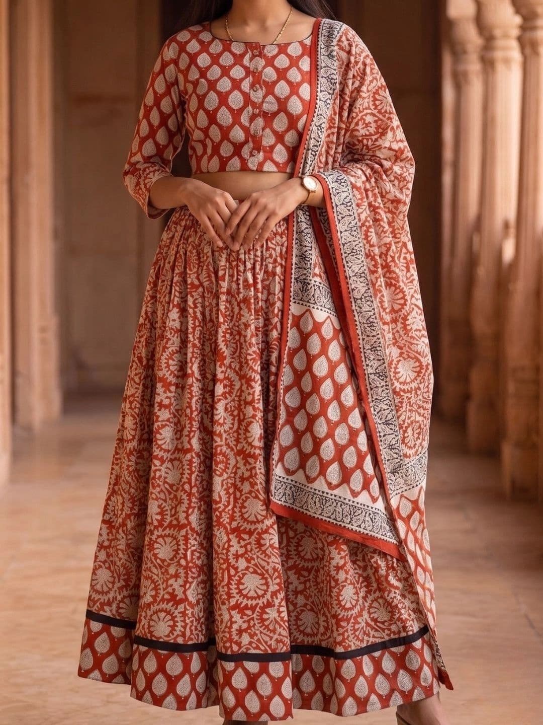Avishya Printed Block Print Ready to Wear Lehenga & Blouse With Dupatta thumbnail 3