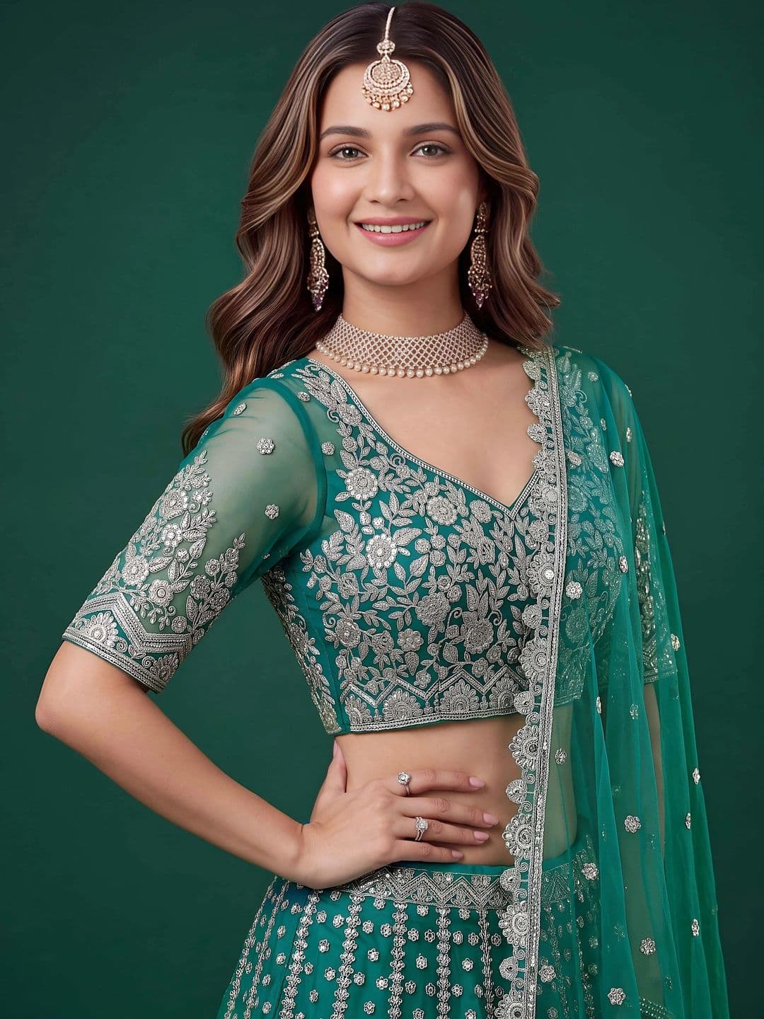 ETHNIC PLUS Embroidered Semi-Stitched Lehenga & Unstitched Blouse With Dupatta thumbnail 6