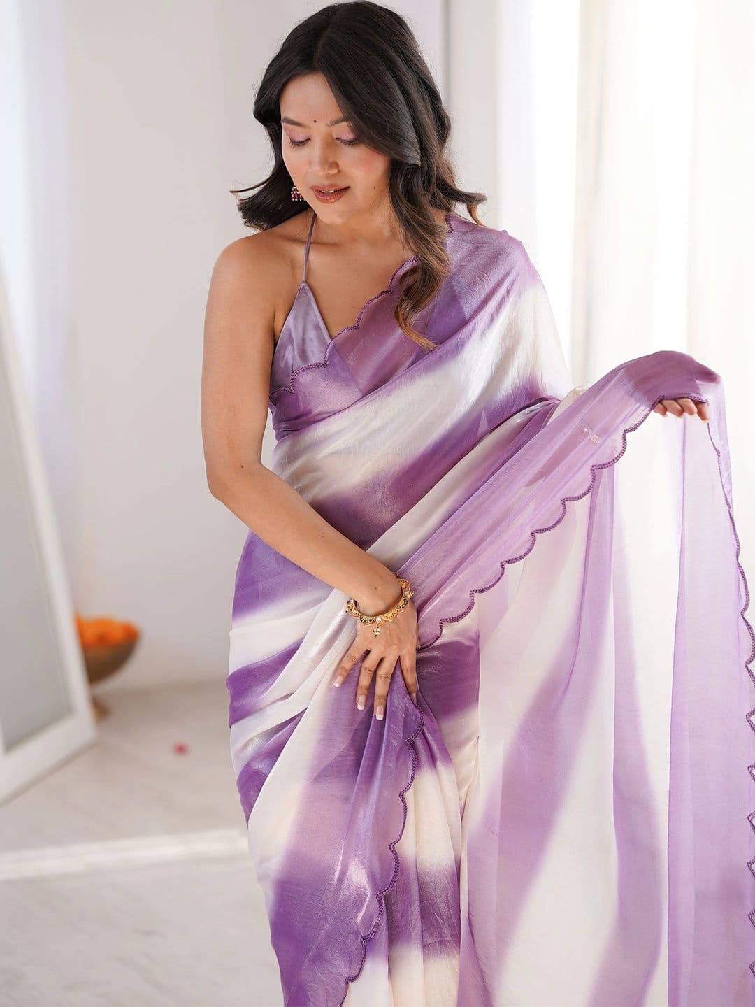 Nayanthara Trends Striped Satin Designer Saree thumbnail 5