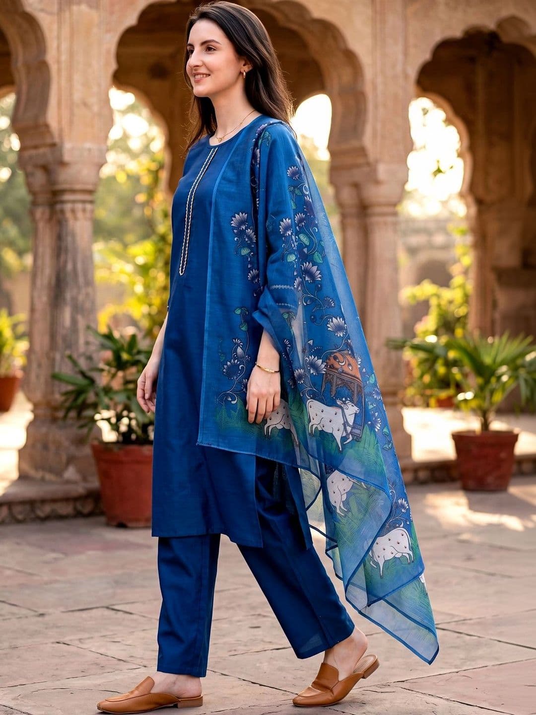Anokhi Attire Women Ethnic Motifs Regular Thread Work Kurta with Trousers & With Dupatta thumbnail 4