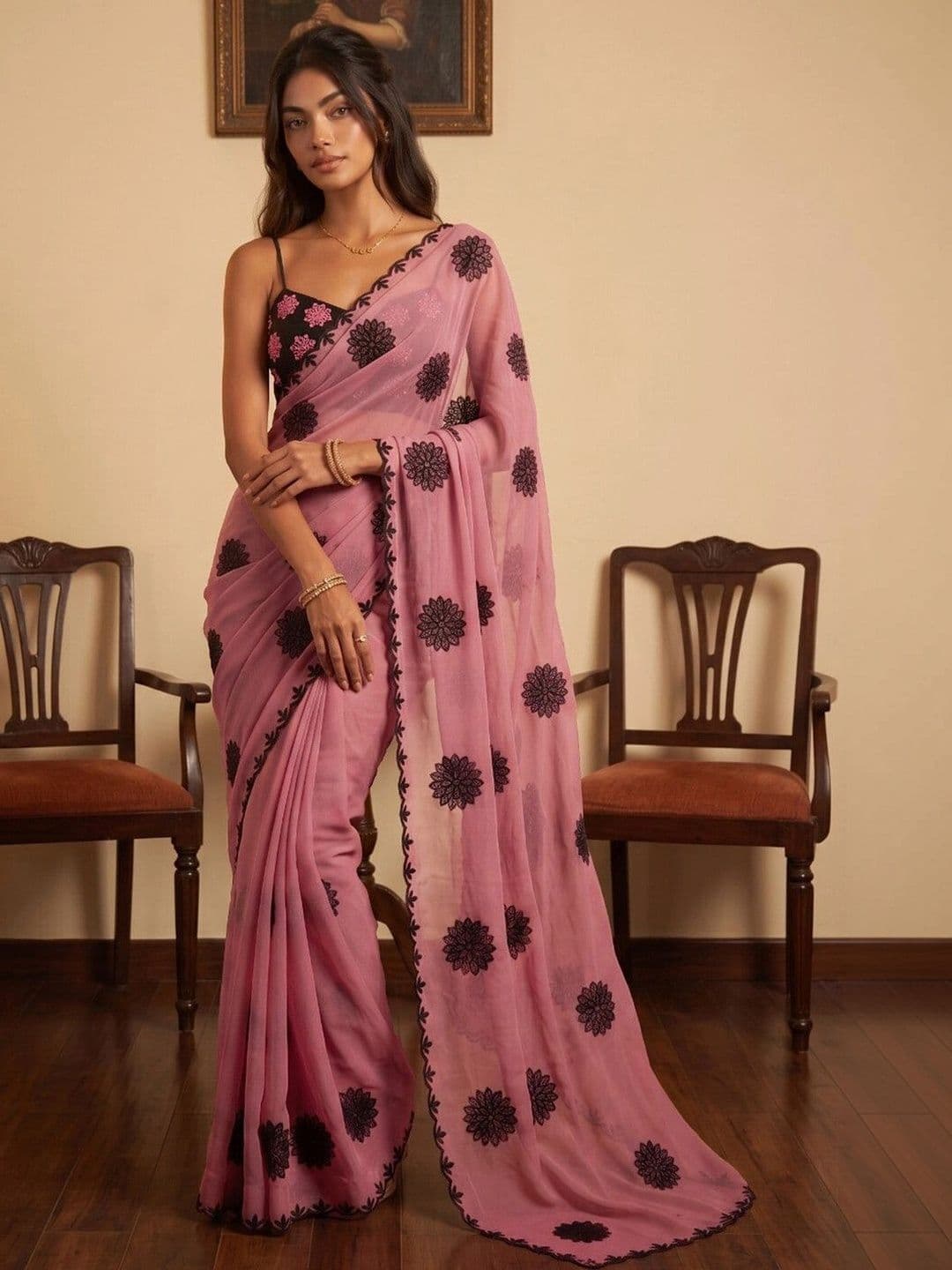 KINDA DESI Ethnic Motifs Embroidered Poly Georgette Fusion Saree thumbnail 7