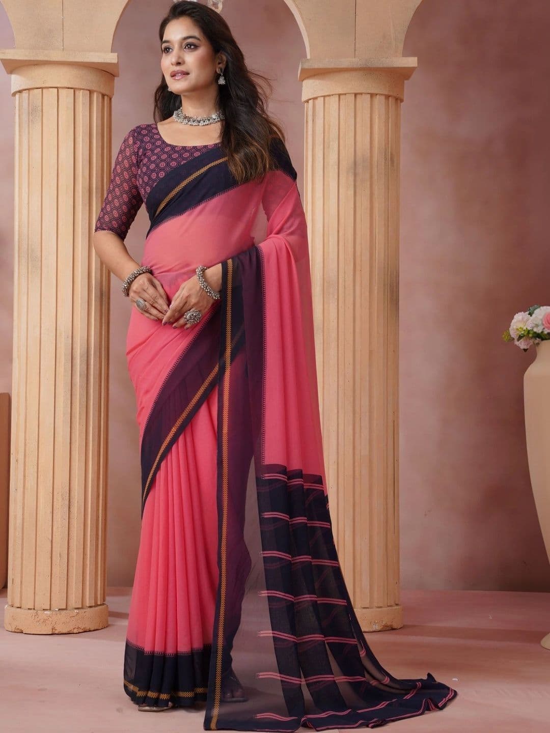 KALINI Striped Poly Georgette Saree thumbnail 4