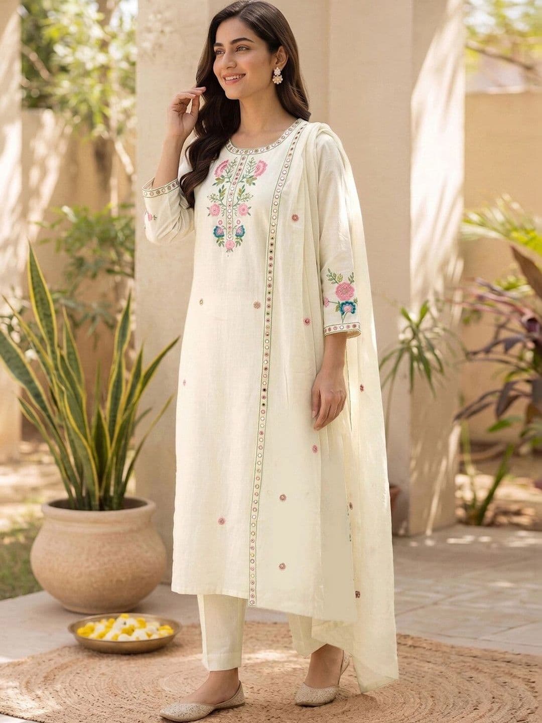SKYLEE Women Floral Embroidered Regular Thread Work Pure Cotton Kurta with Trousers & With Dupatta thumbnail 6