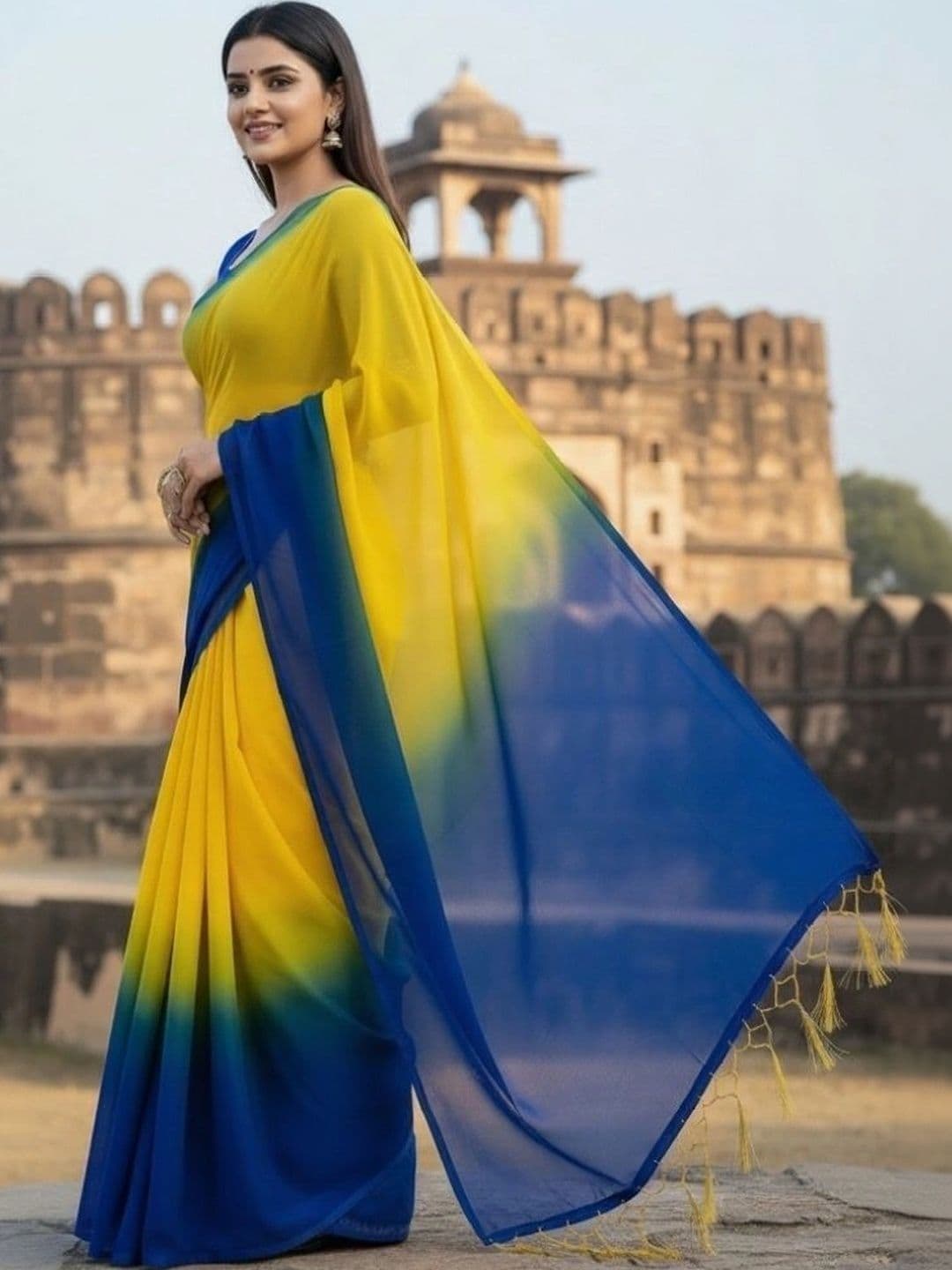 ANJAVI FASHION Ombre Poly Georgette Fusion Saree thumbnail 6