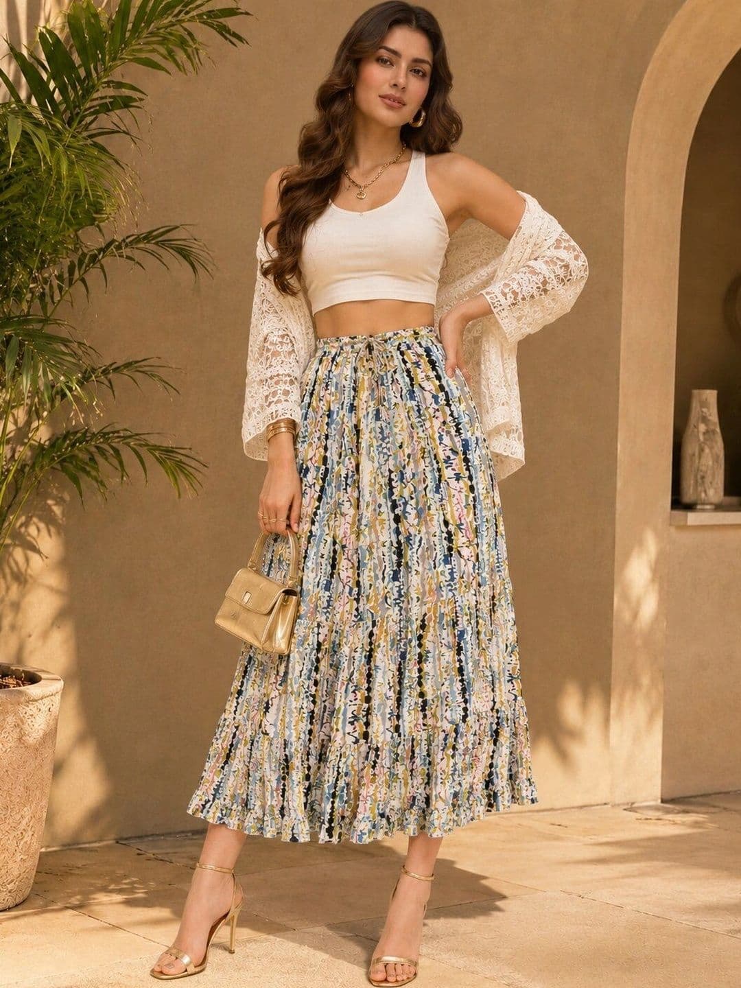 TNQ Women Crepe Abstract Midi A-Line Skirt - view 1