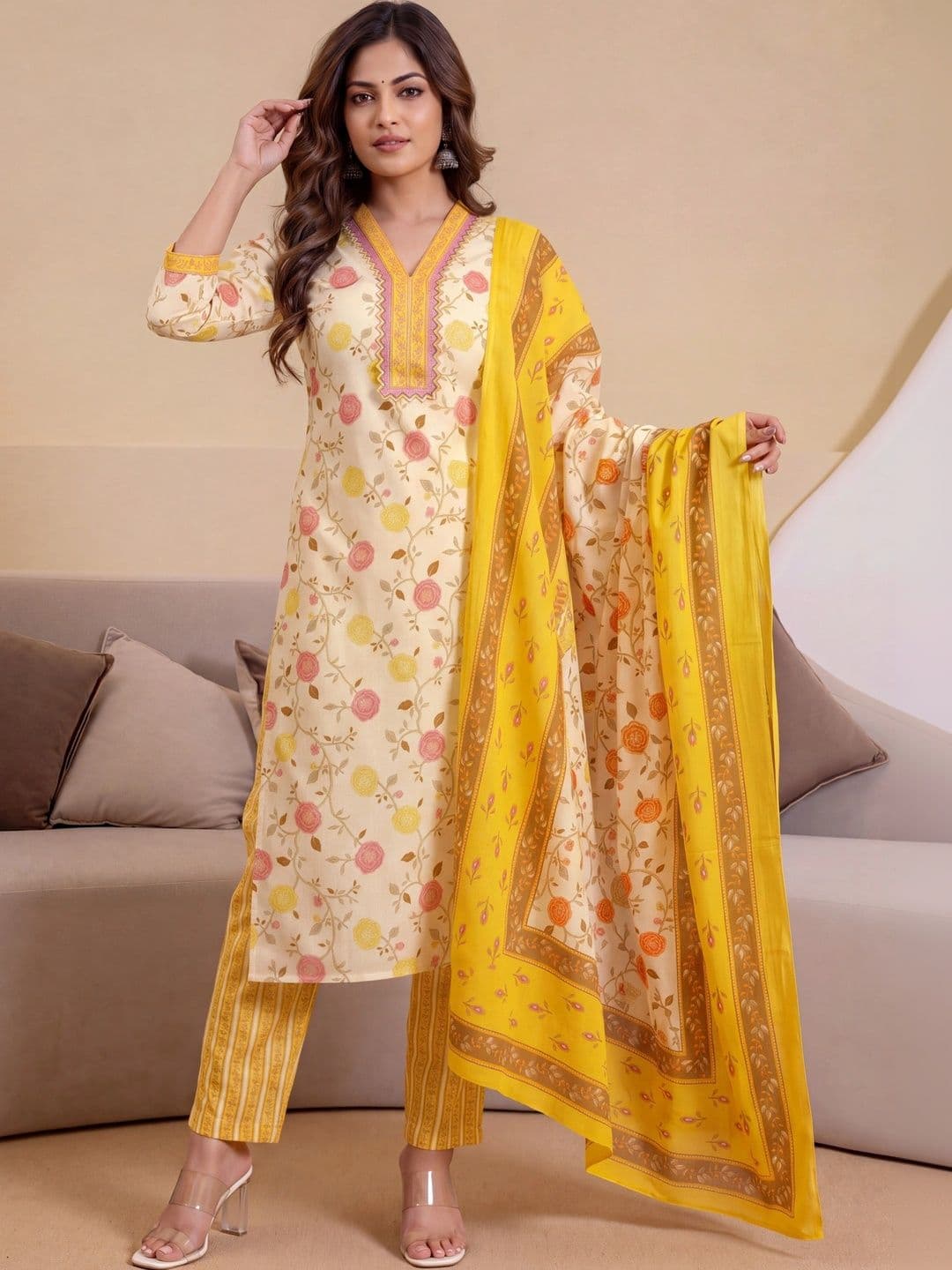 Shree Ramkrishna Fab Women Floral Printed Regular Thread Work Pure Cotton Kurta with Trousers & With Dupatta - view 1