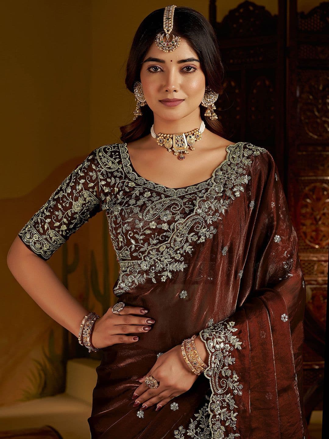 GRUHNAREE Embellished Embroidered Satin Saree thumbnail 7